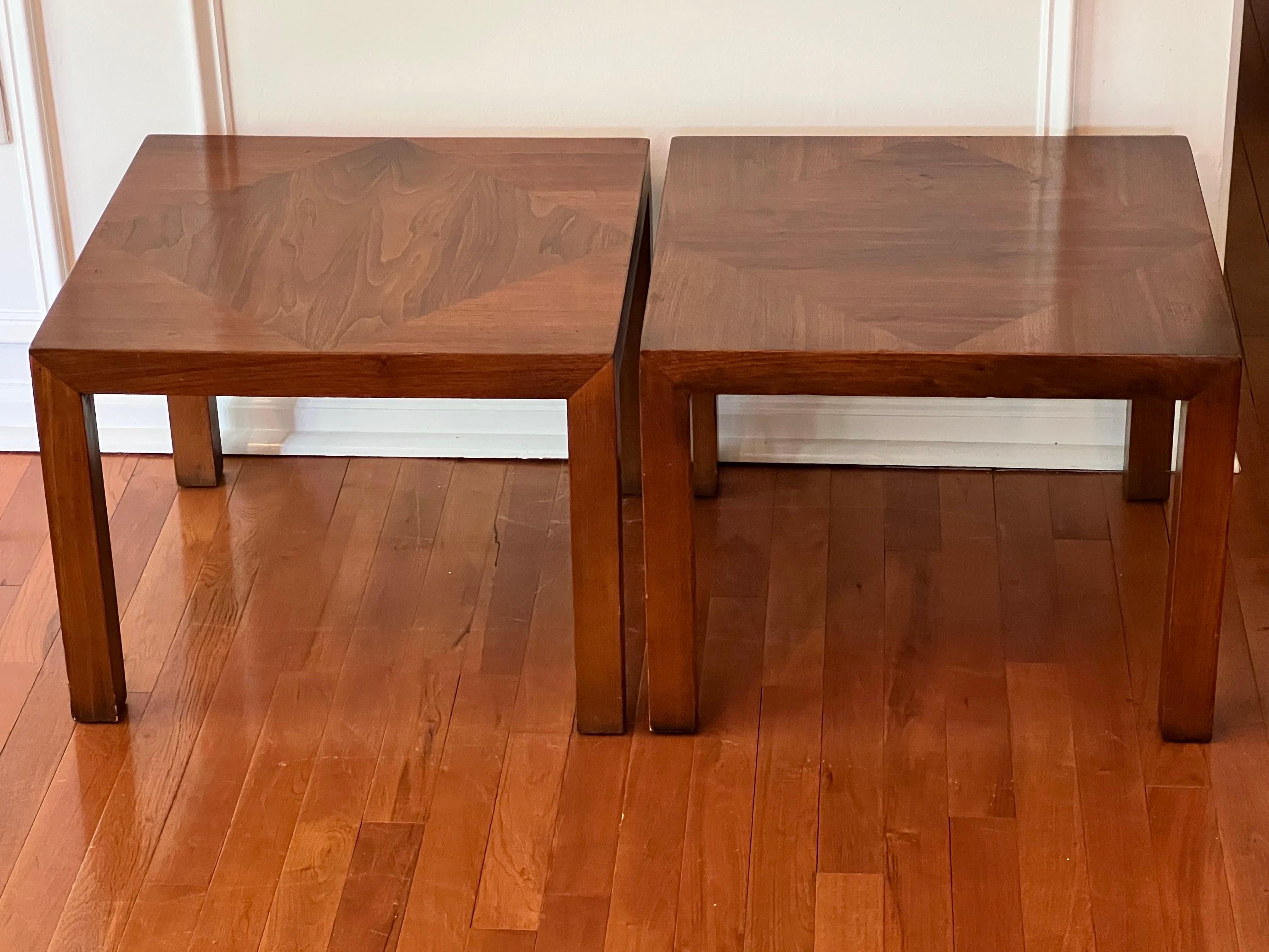 Gorgeous vintage Lane Parsons style stackable square end tables. The pair features a richly grained, contrasting walnut parquetry inlay with diamond motif. May be stacked, placed side by side as a unique coffee table or stand alone individually as