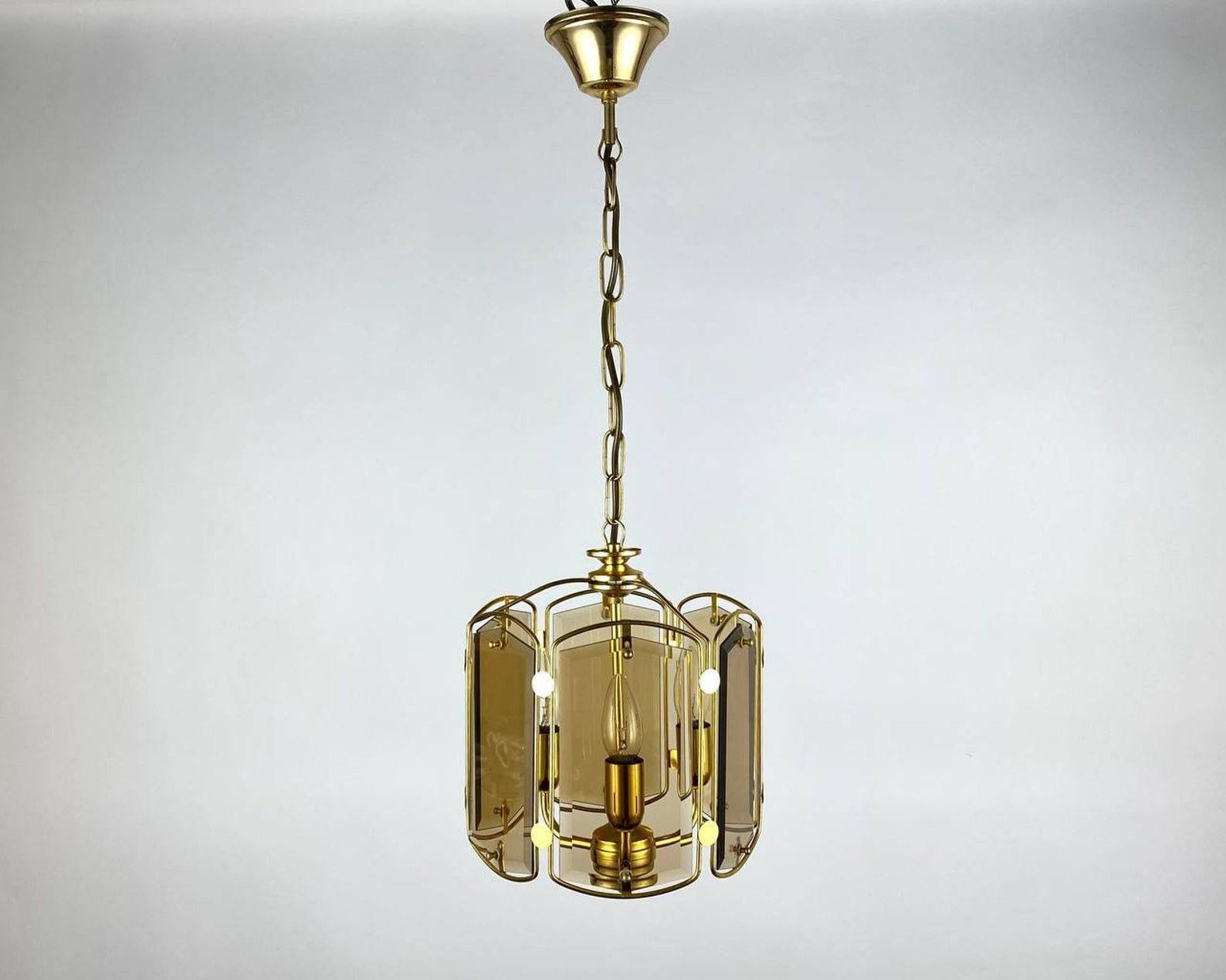 Mid-Century Modern Vintage Lantern in Cut Smoky Glass and Polished Gilt Brass For Sale