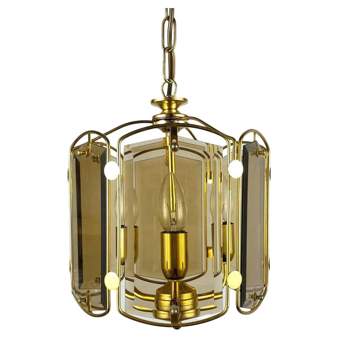Vintage Lantern in Cut Smoky Glass and Polished Gilt Brass For Sale