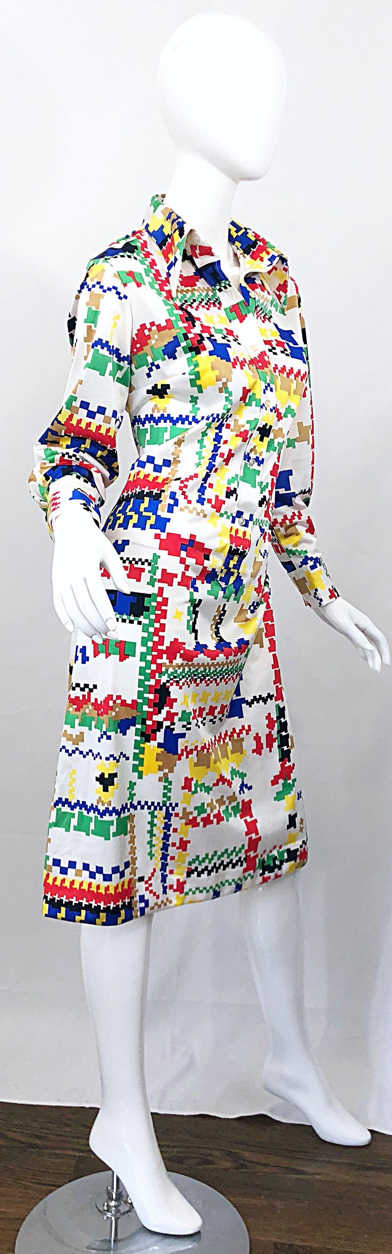 Vintage Lanvin 1970s Colorful Asymmetrical Houndstooth 70s Jersey Shirt Dress For Sale 5