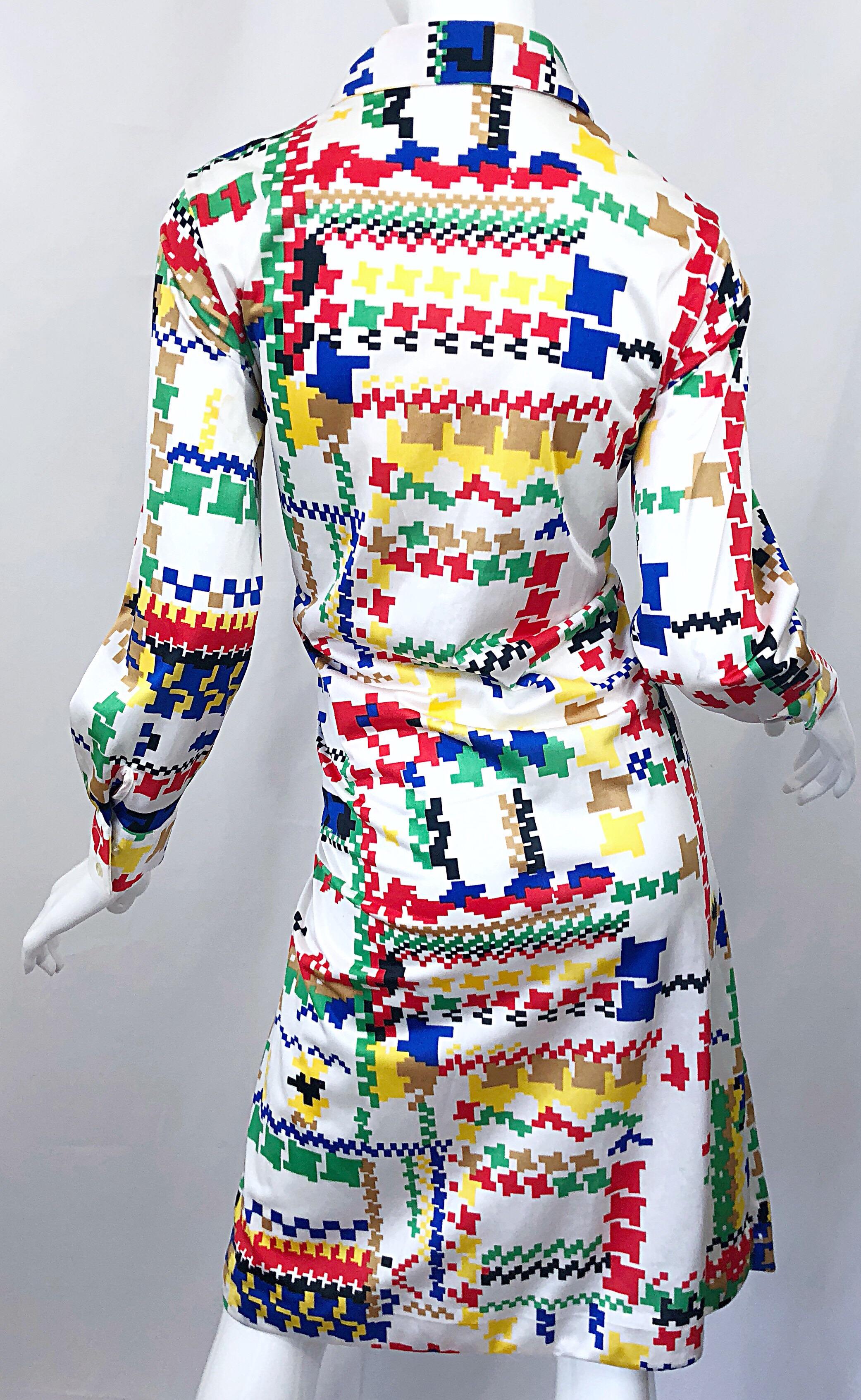 Vintage Lanvin 1970s Colorful Asymmetrical Houndstooth 70s Jersey Shirt Dress For Sale 3