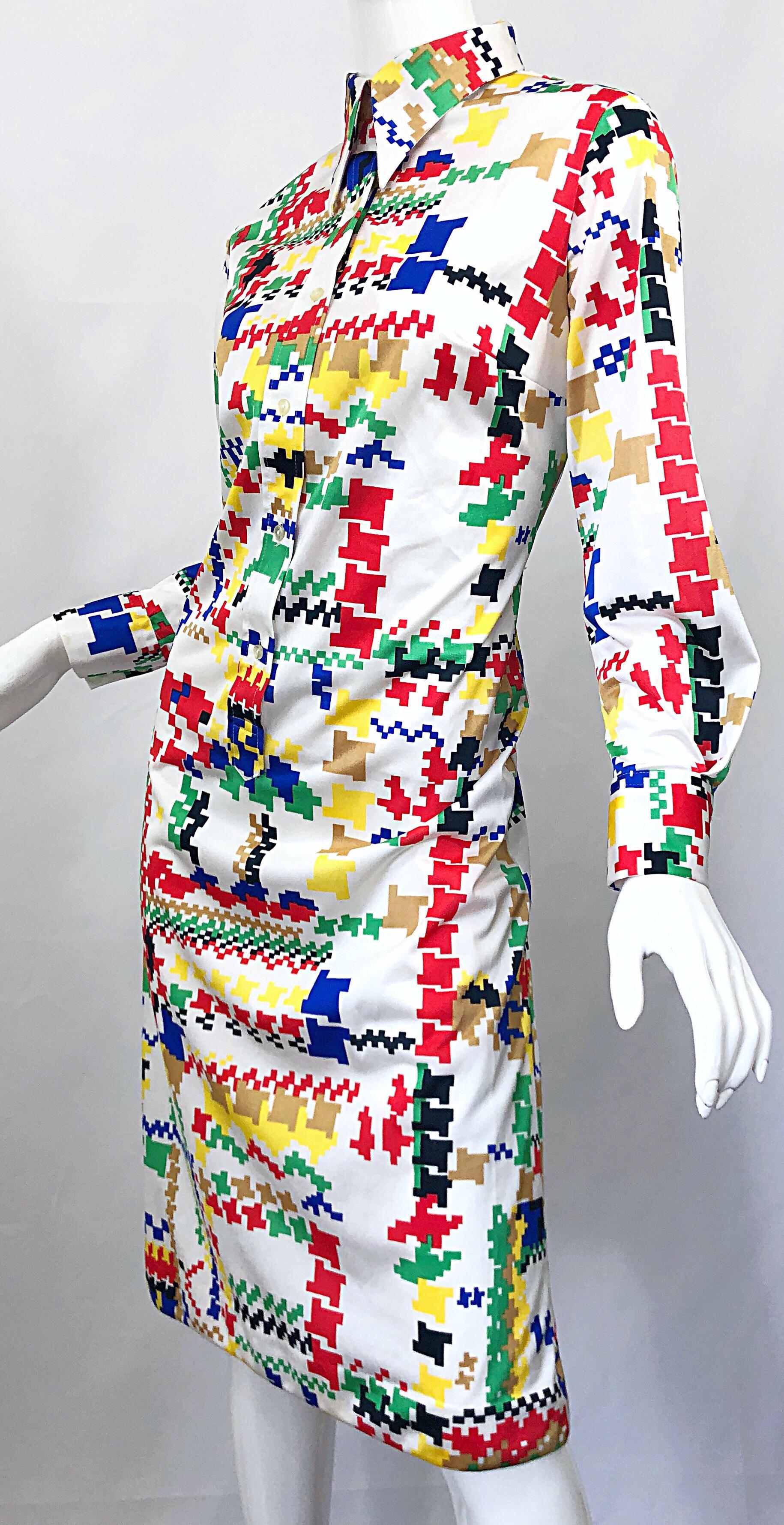 Vintage Lanvin 1970s Colorful Asymmetrical Houndstooth 70s Jersey Shirt Dress For Sale 4