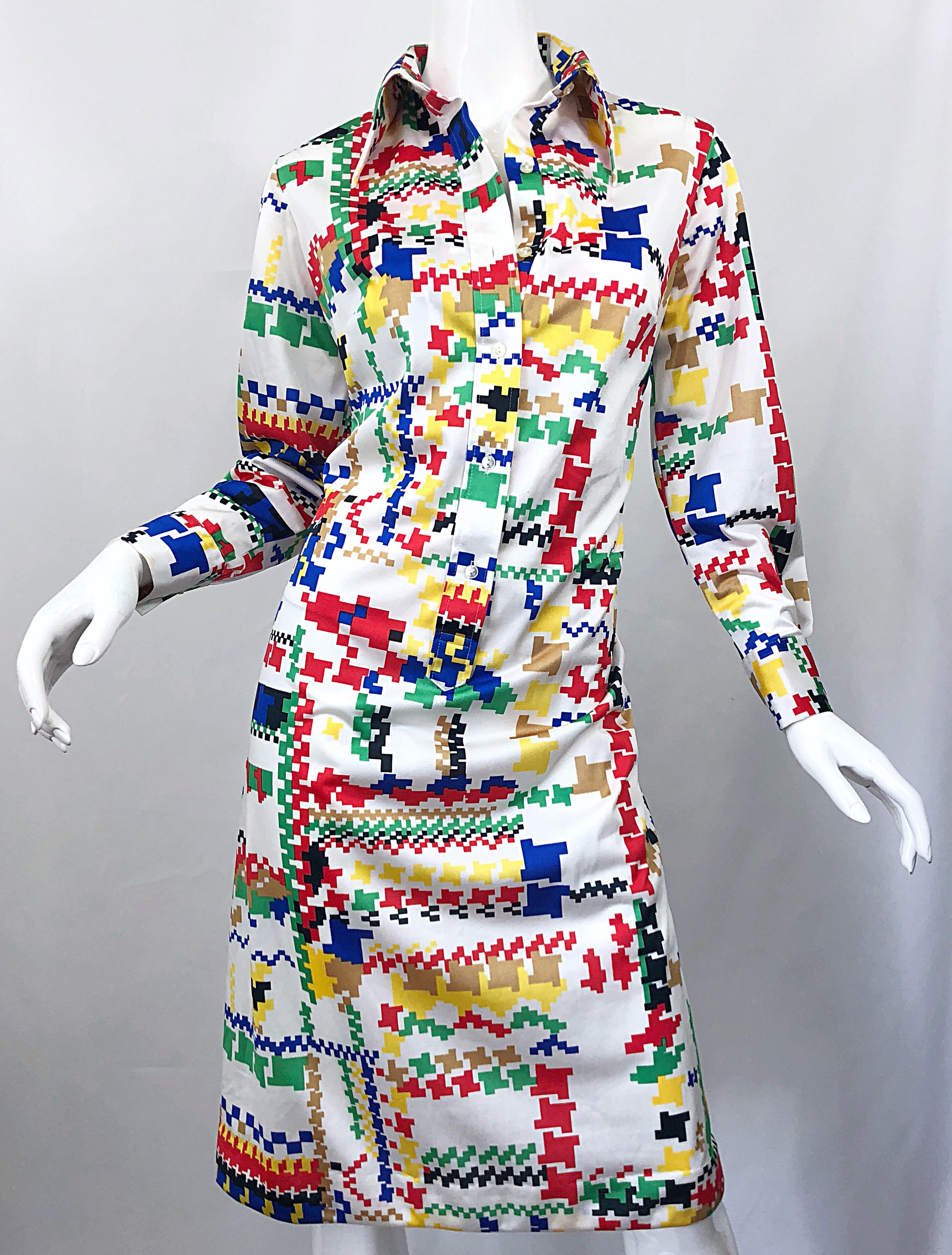 Vintage Lanvin 1970s Colorful Asymmetrical Houndstooth 70s Jersey Shirt Dress For Sale 6