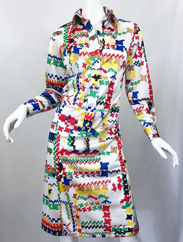 Vintage Lanvin 1970s Colorful Asymmetrical Houndstooth 70s Jersey Shirt Dress For Sale 9