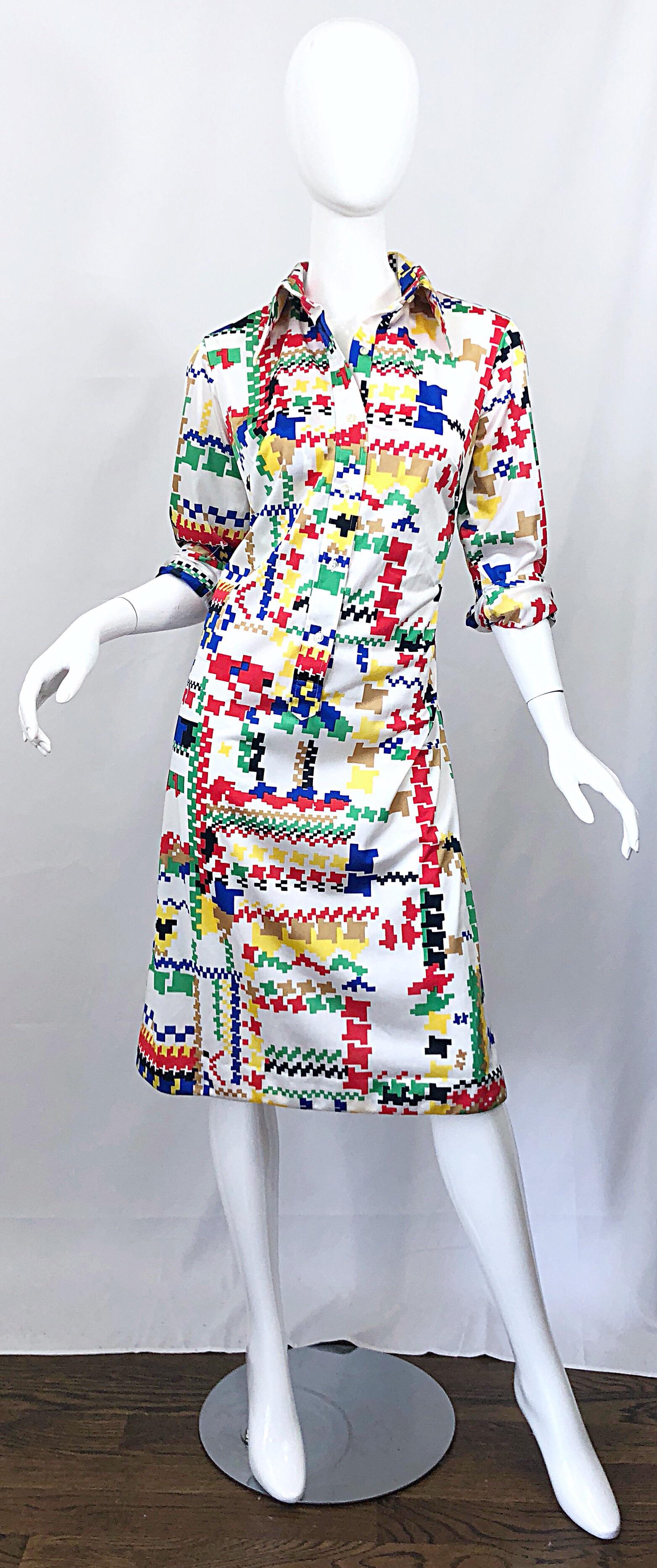 Vintage Lanvin 1970s Colorful Asymmetrical Houndstooth 70s Jersey Shirt Dress For Sale 7