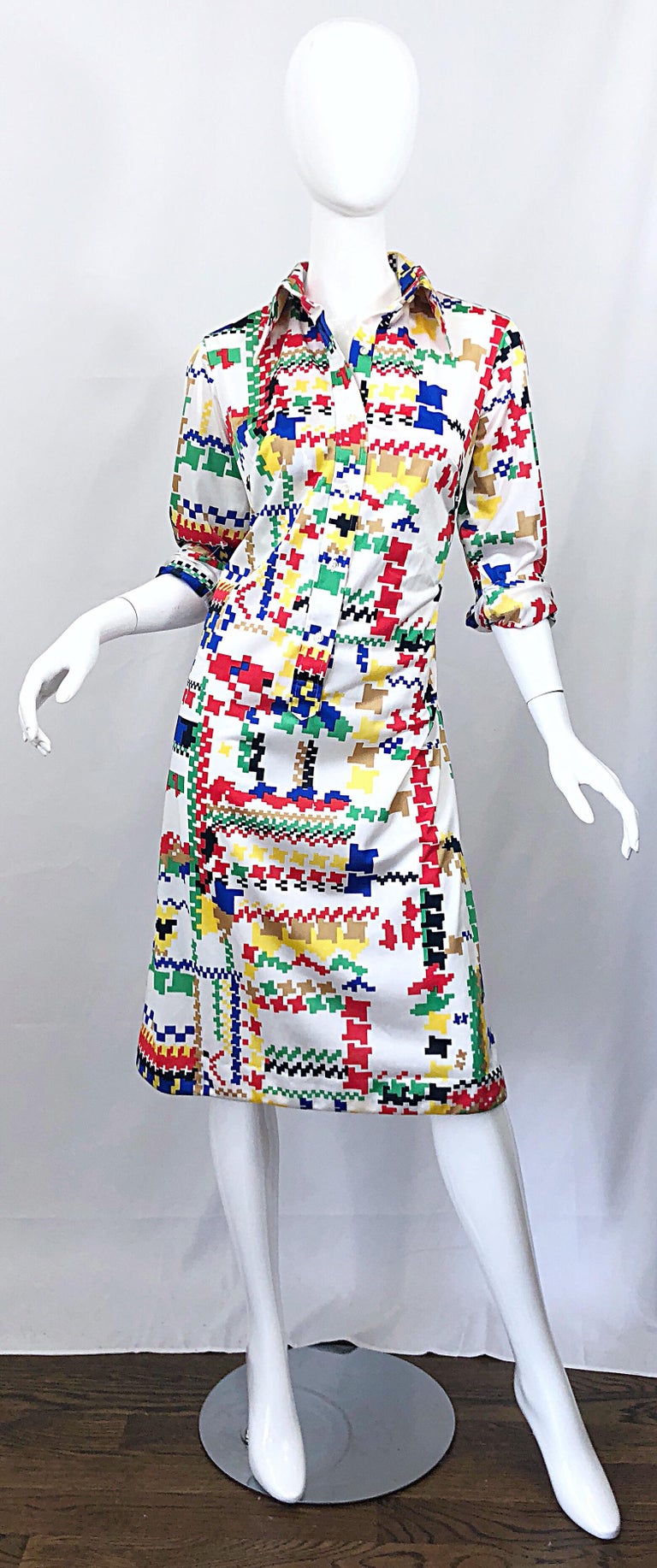 Vintage Lanvin 1970s Colorful Asymmetrical Houndstooth 70s Jersey Shirt Dress For Sale 10