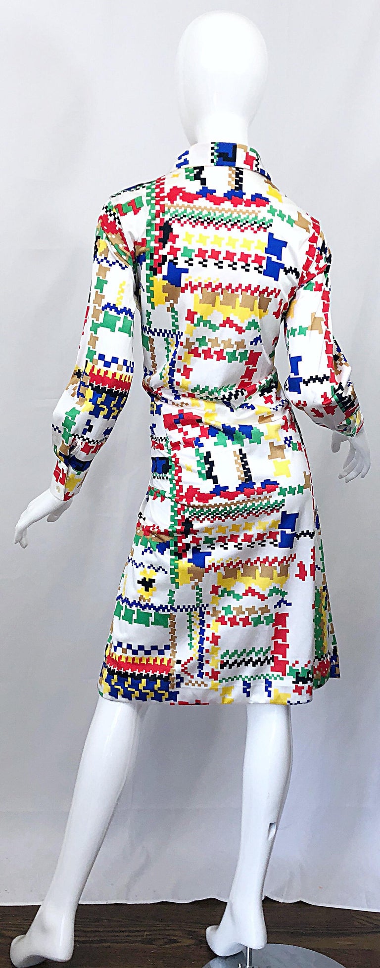 Beige Vintage Lanvin 1970s Colorful Asymmetrical Houndstooth 70s Jersey Shirt Dress For Sale