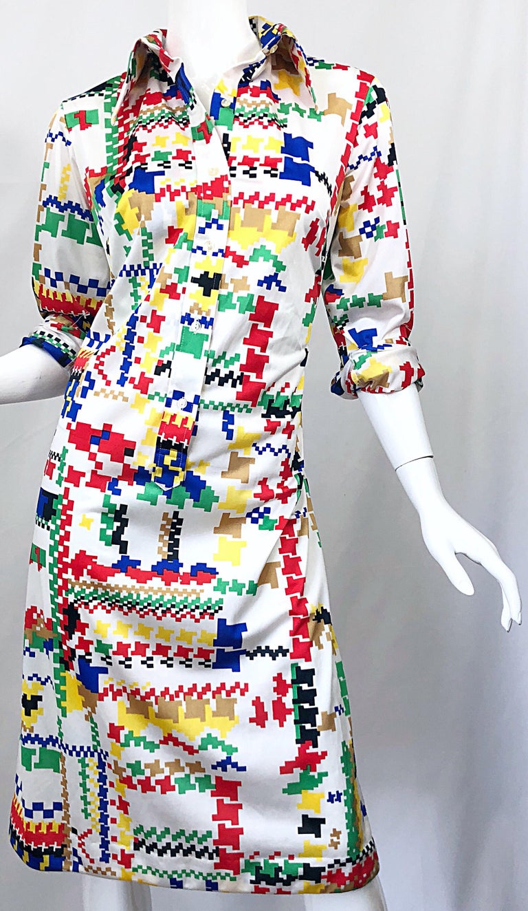 Vintage Lanvin 1970s Colorful Asymmetrical Houndstooth 70s Jersey Shirt Dress In Excellent Condition For Sale In San Diego, CA
