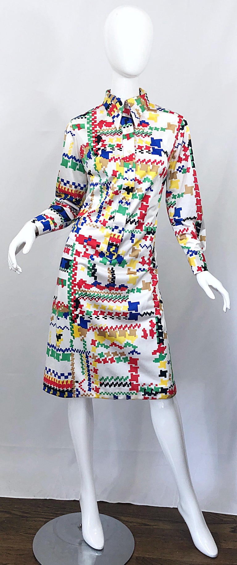Women's Vintage Lanvin 1970s Colorful Asymmetrical Houndstooth 70s Jersey Shirt Dress For Sale