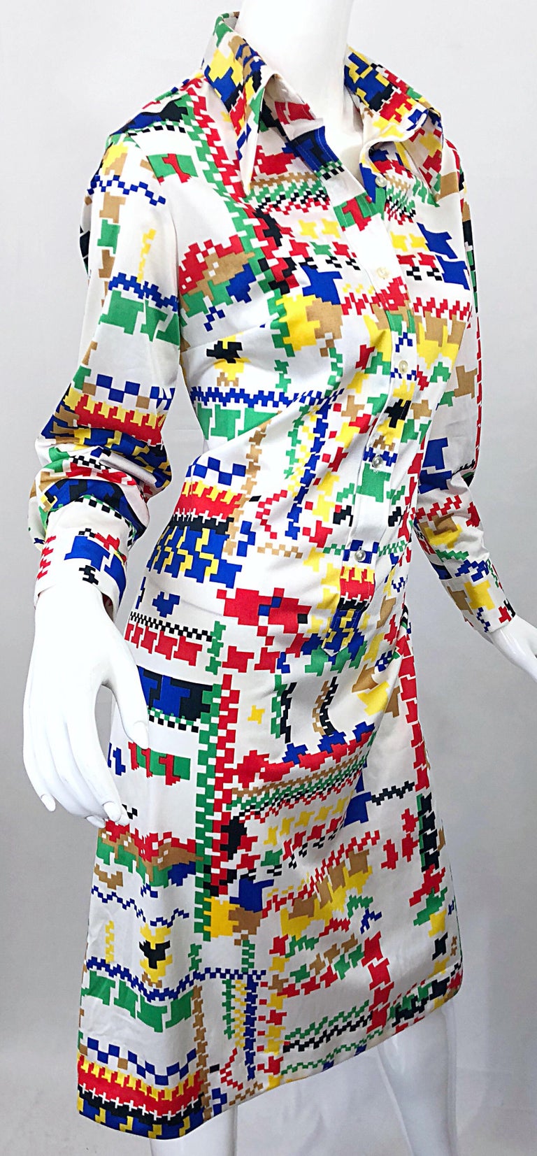 Vintage Lanvin 1970s Colorful Asymmetrical Houndstooth 70s Jersey Shirt Dress For Sale 1