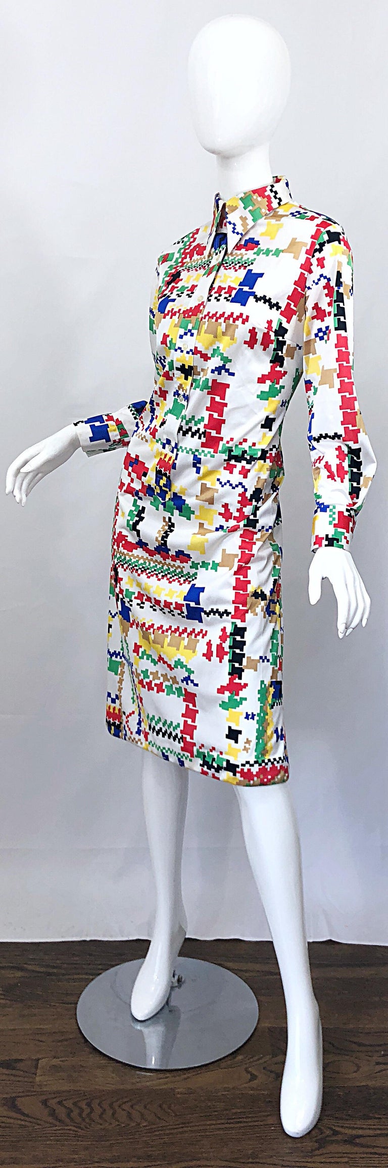 Vintage Lanvin 1970s Colorful Asymmetrical Houndstooth 70s Jersey Shirt Dress For Sale 2