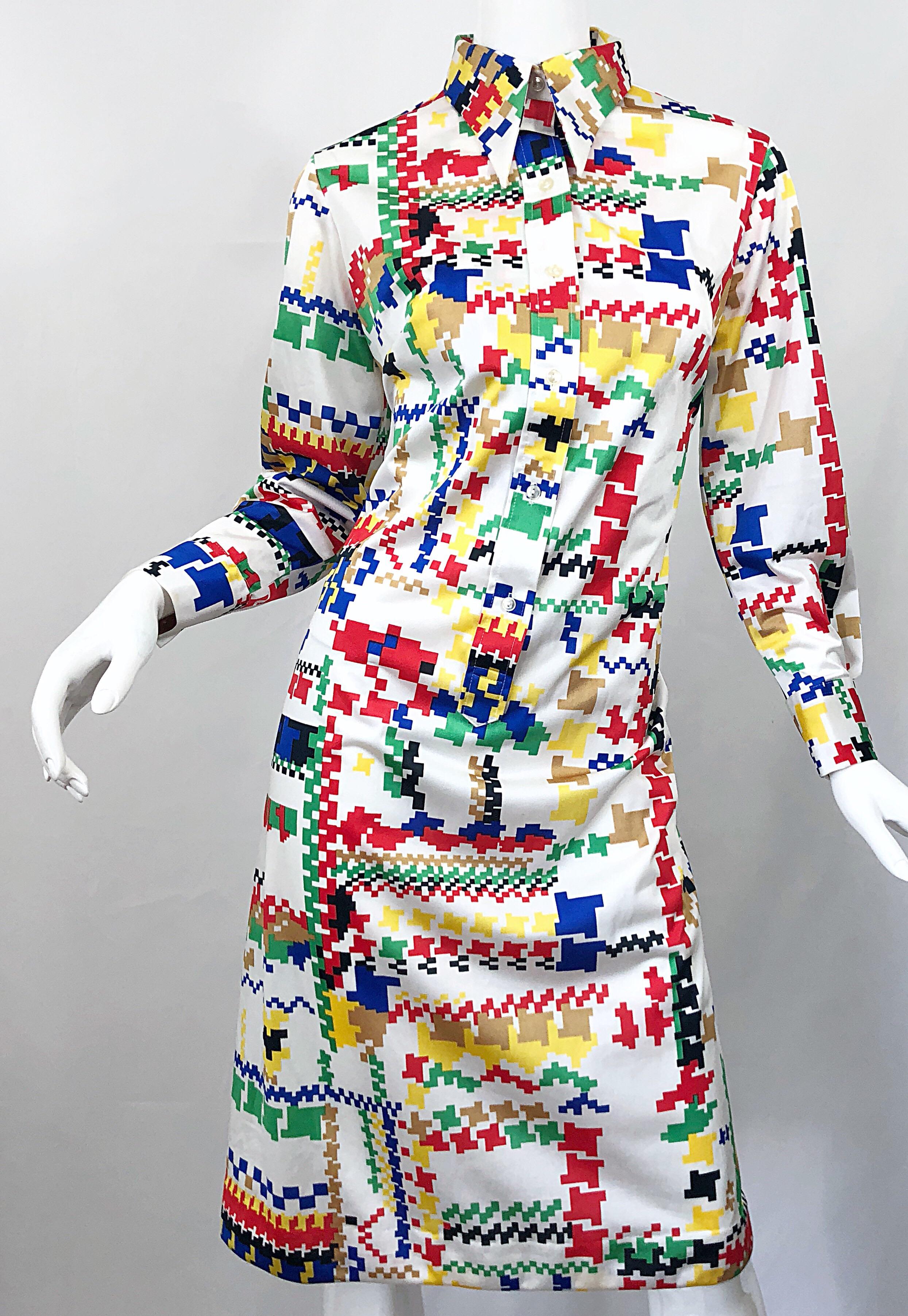 Women's Vintage Lanvin 1970s Colorful Asymmetrical Houndstooth 70s Jersey Shirt Dress For Sale