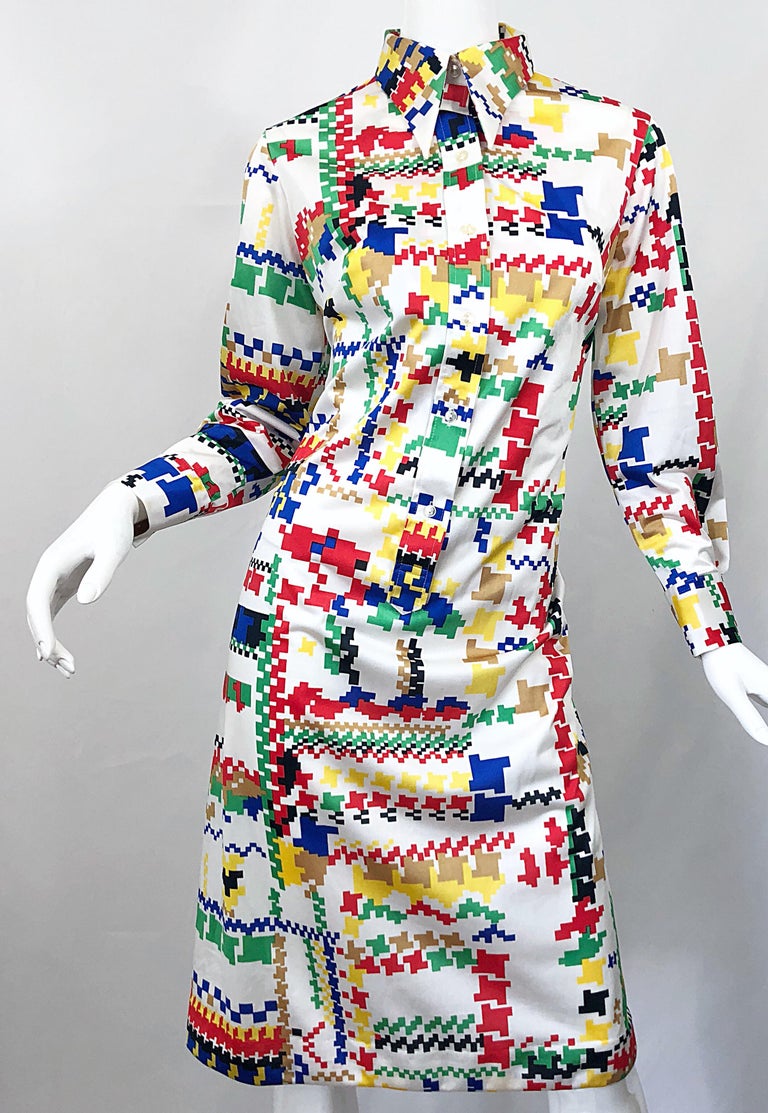 Vintage Lanvin 1970s Colorful Asymmetrical Houndstooth 70s Jersey Shirt Dress For Sale 3