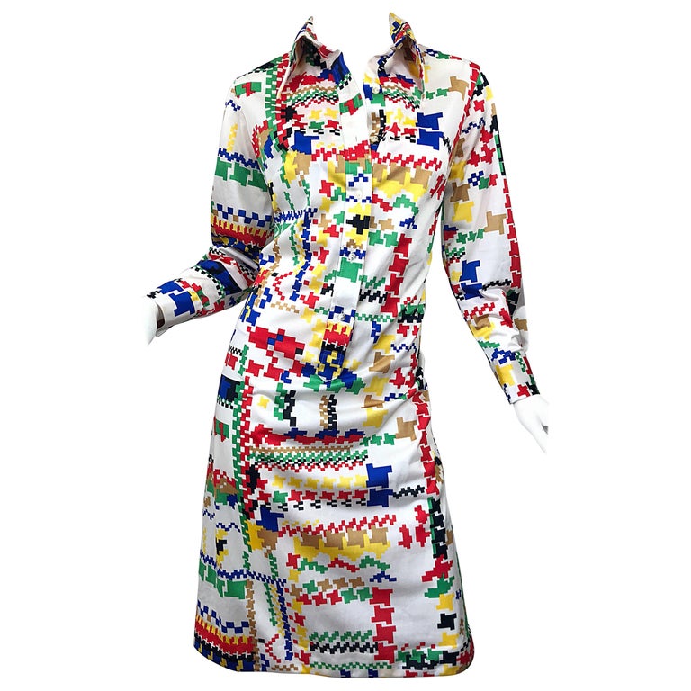 Vintage Lanvin 1970s Colorful Asymmetrical Houndstooth 70s Jersey Shirt  Dress