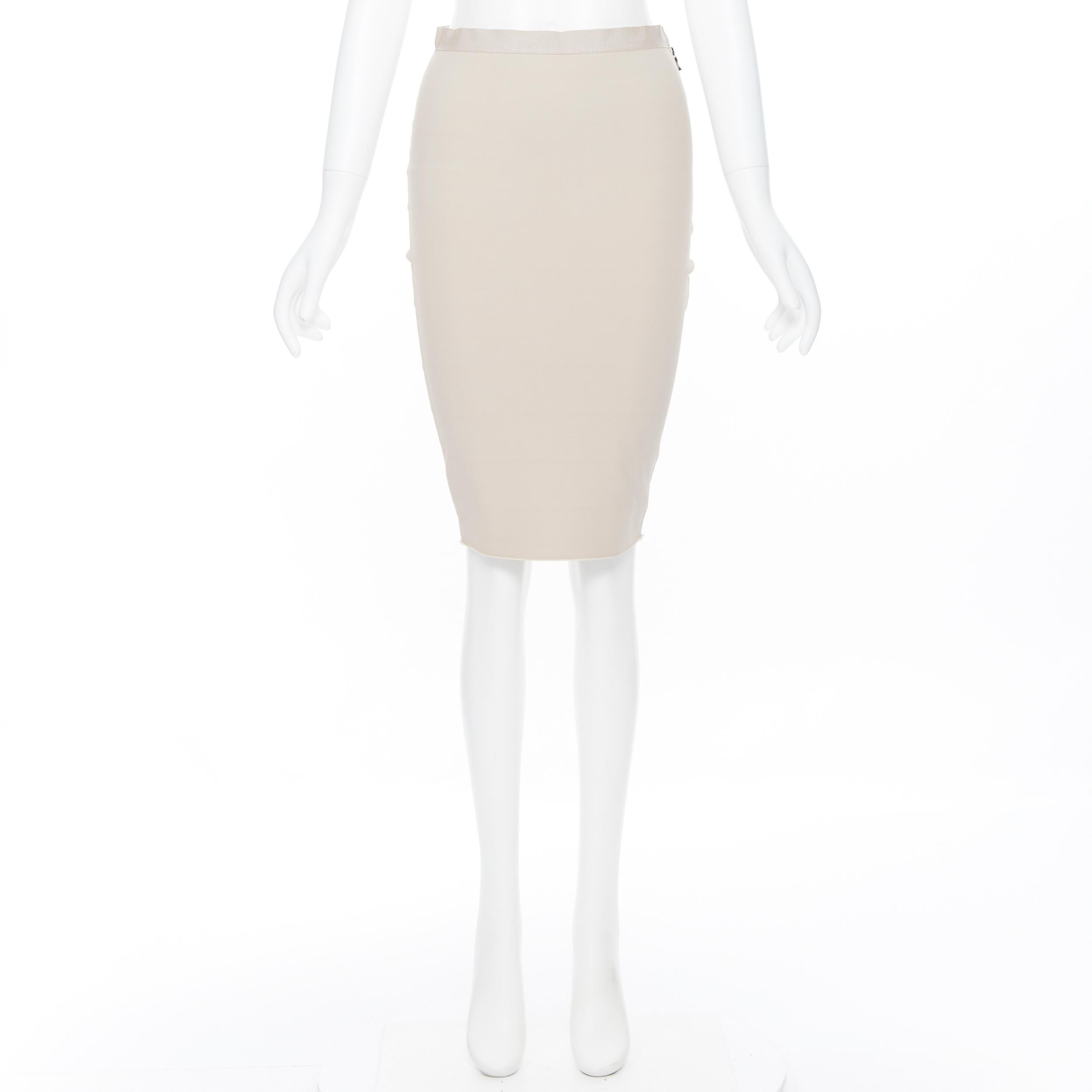 Beige vintage LANVIN ALBER ELBAZ SS11 stretchy grosgrain raw hem pencil skirt FR36