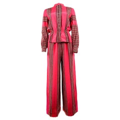 Vintage LANVIN Boutique Red and Black Striped Blouse Top and Straight Pants Set