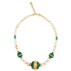 Vintage Lanvin Faux Pearl Emerald Green Gripoix Glass Necklace