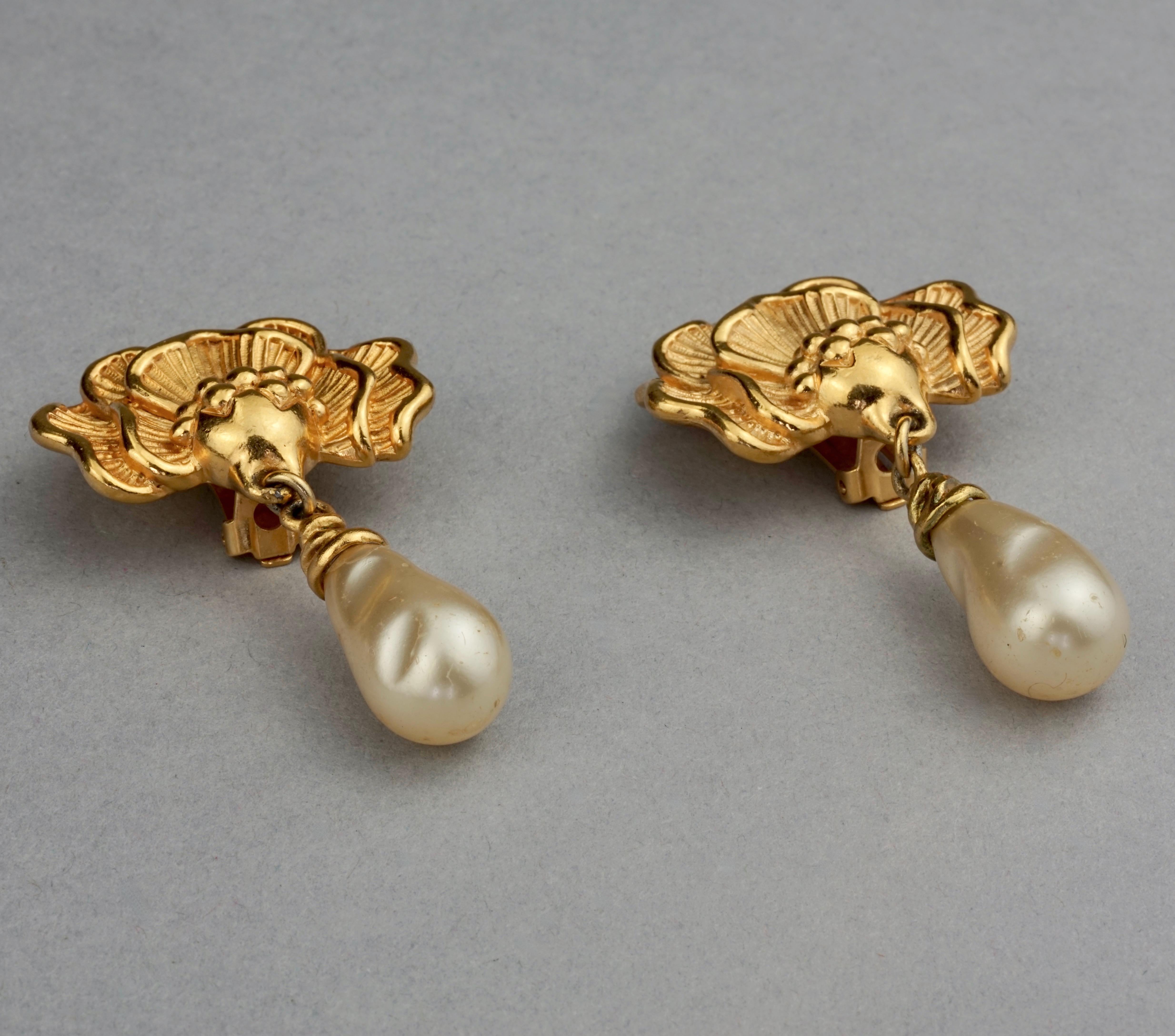 Vintage LANVIN Flower Pearl Drop Earrings 1