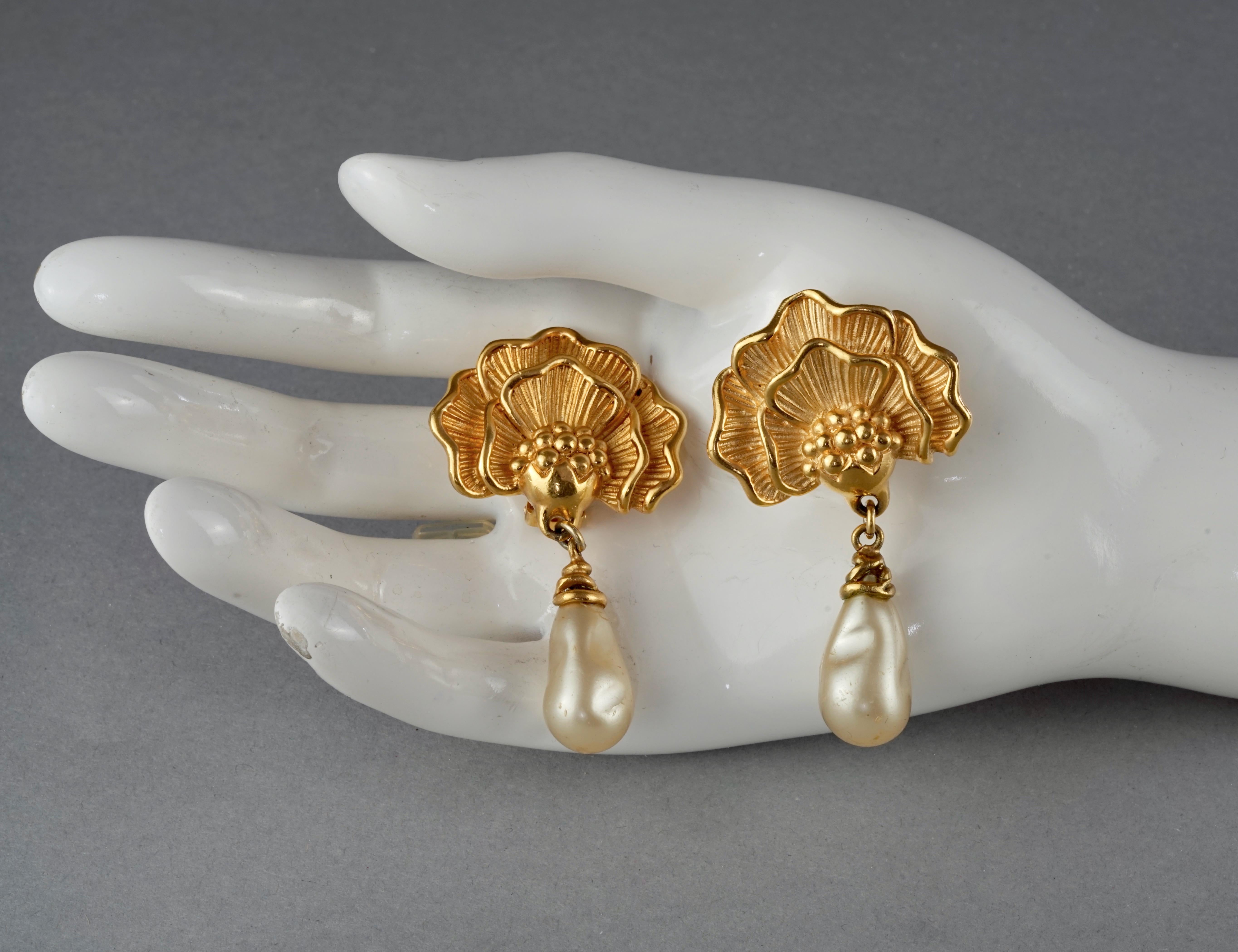 Vintage LANVIN Flower Pearl Drop Earrings 2