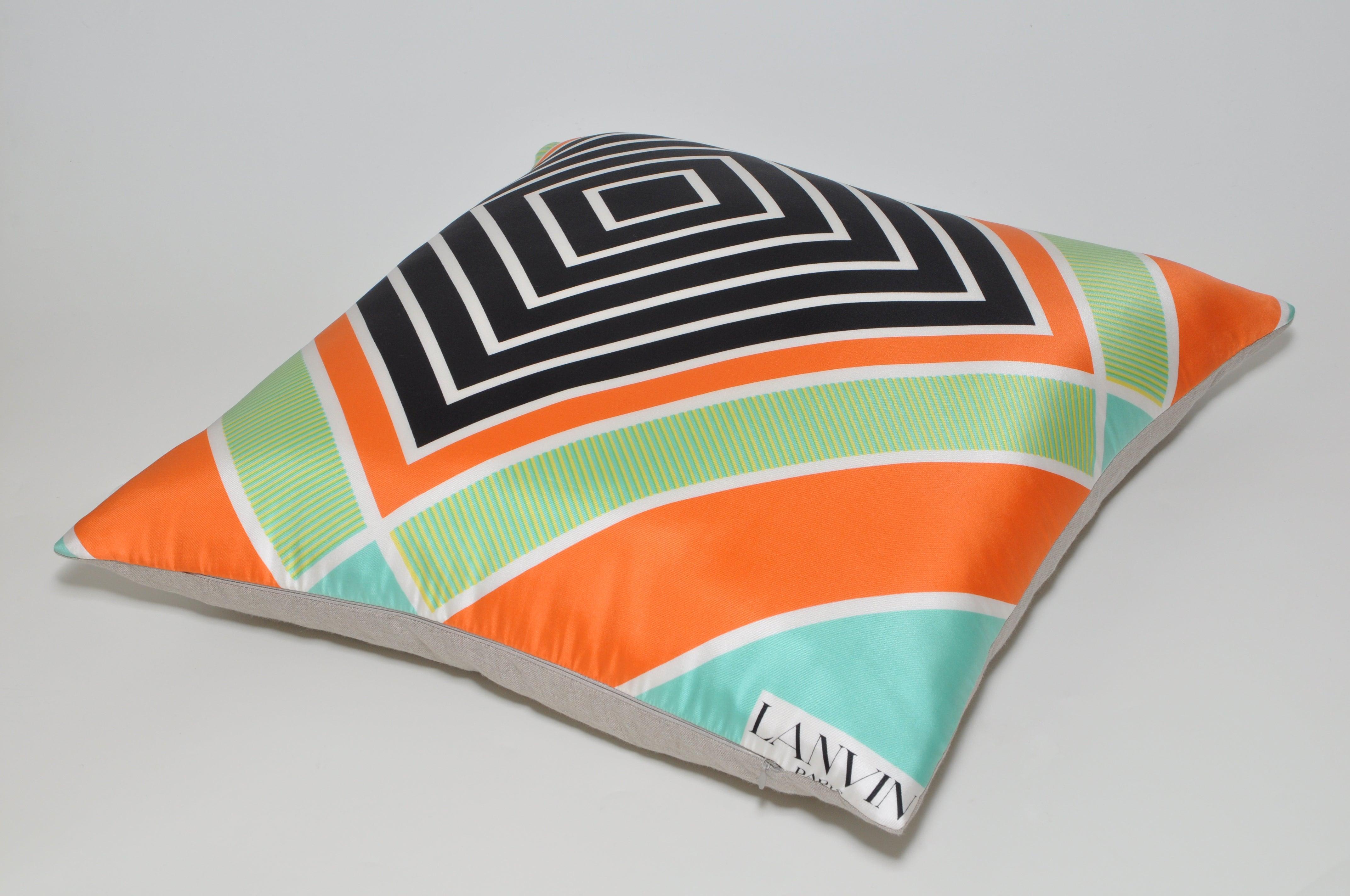 Textile Vintage Lanvin Geometric Silk Scarf with Irish Linen Cushion Pillow For Sale