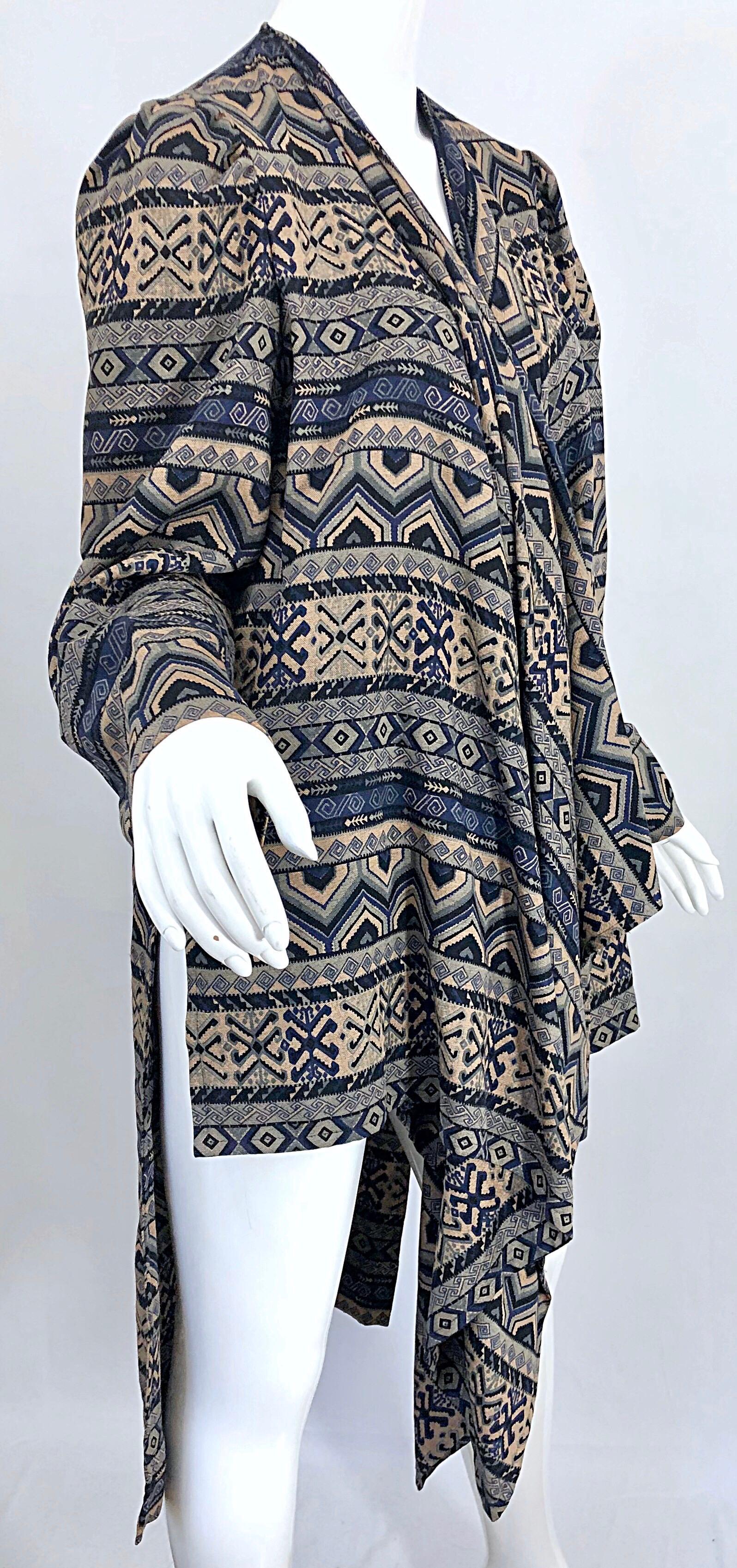 Vintage Lanvin Haute Couture Aztec Navy Blue Indigo Wool Challis Wrap Cardigan 3