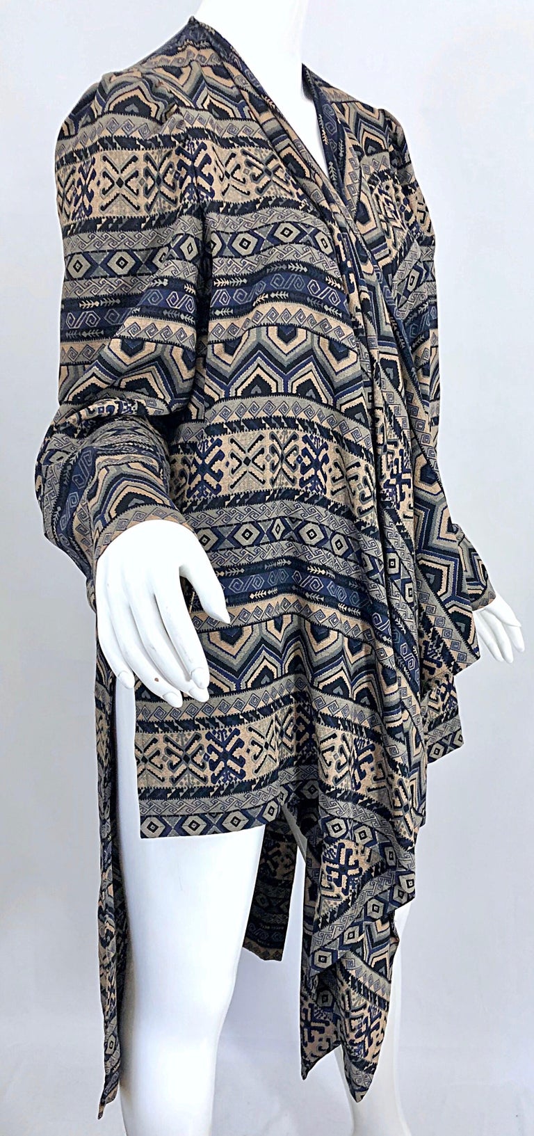 Vintage Lanvin Haute Couture Aztec Navy Blue Indigo Wool Challis Wrap Cardigan For Sale 6