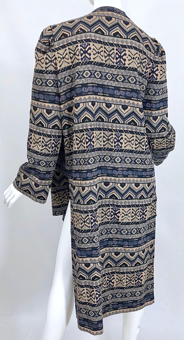 Vintage Lanvin Haute Couture Aztec Navy Blue Indigo Wool Challis Wrap Cardigan For Sale 7
