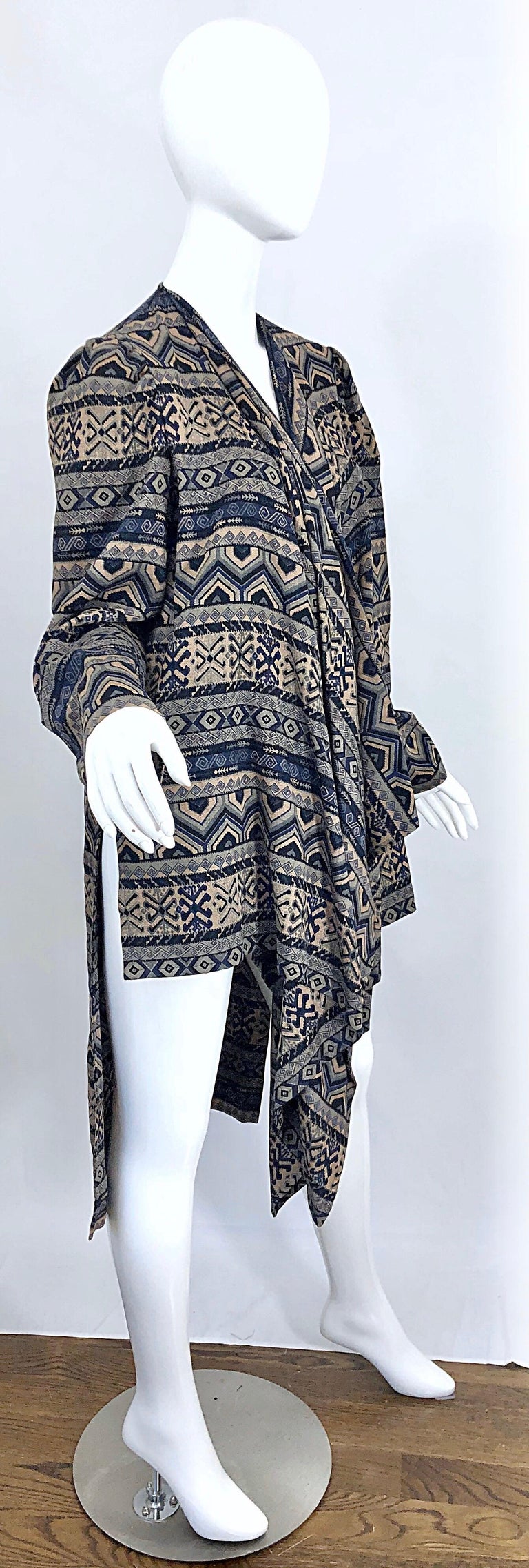 Vintage Lanvin Haute Couture Aztec Navy Blue Indigo Wool Challis Wrap Cardigan For Sale 8