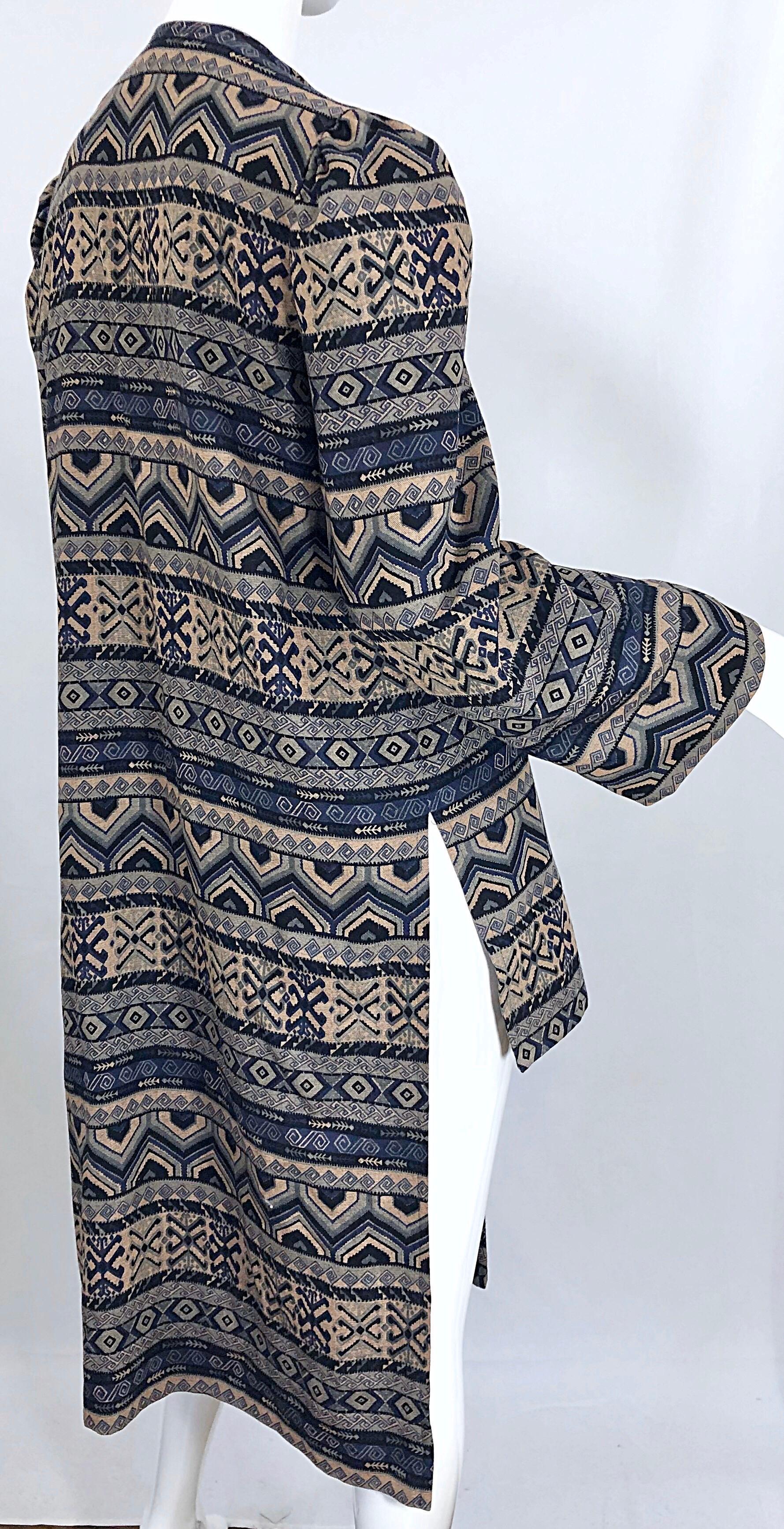 Vintage Lanvin Haute Couture Aztec Navy Blue Indigo Wool Challis Wrap Cardigan 6