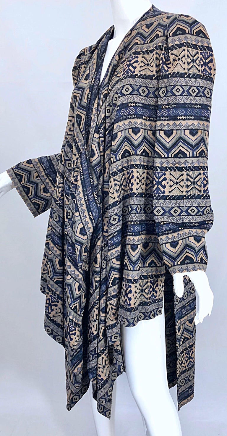 Vintage Lanvin Haute Couture Aztec Navy Blue Indigo Wool Challis Wrap Cardigan For Sale 10