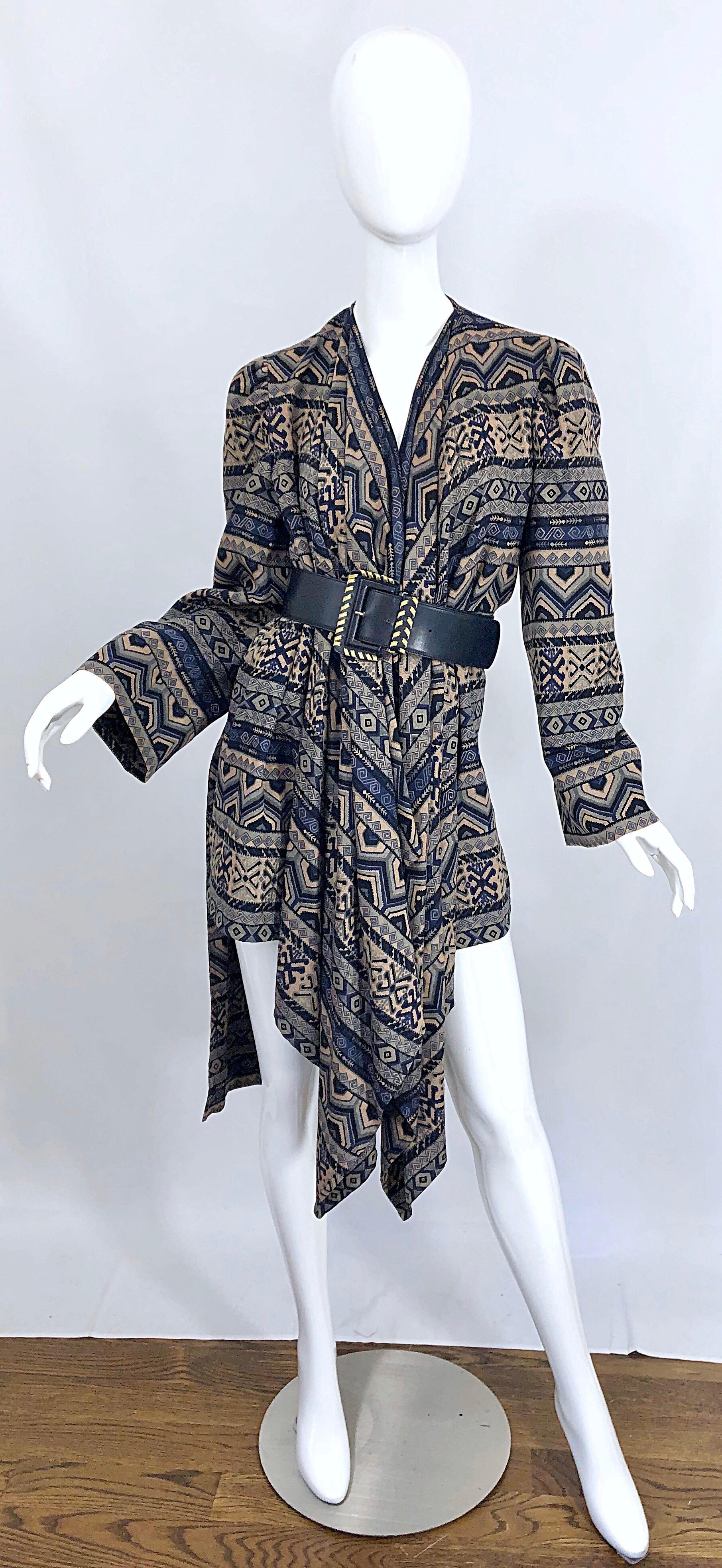 Vintage Lanvin Haute Couture Aztec Navy Blue Indigo Wool Challis Wrap Cardigan For Sale 8