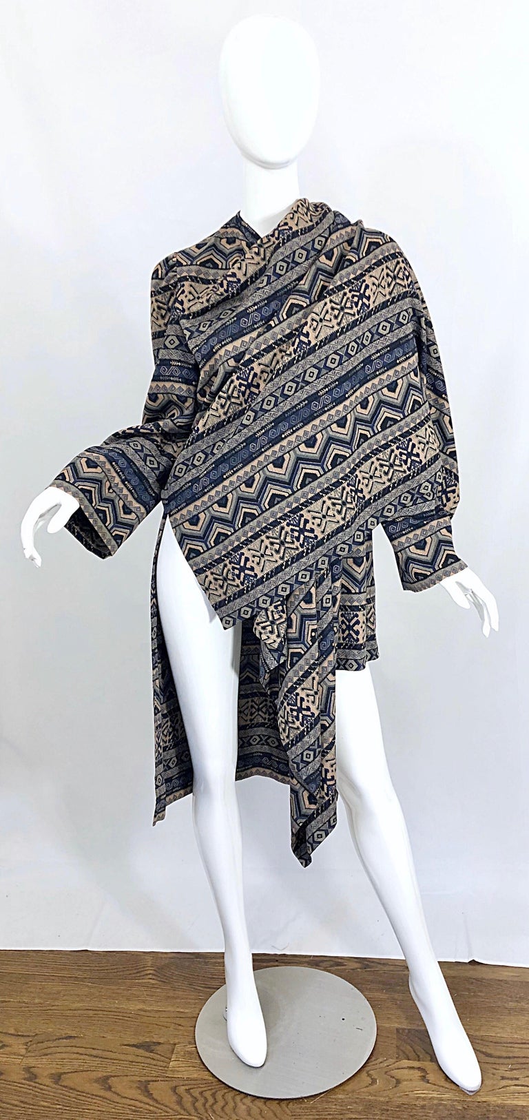 Vintage Lanvin Haute Couture Aztec Navy Blue Indigo Wool Challis Wrap Cardigan For Sale 12