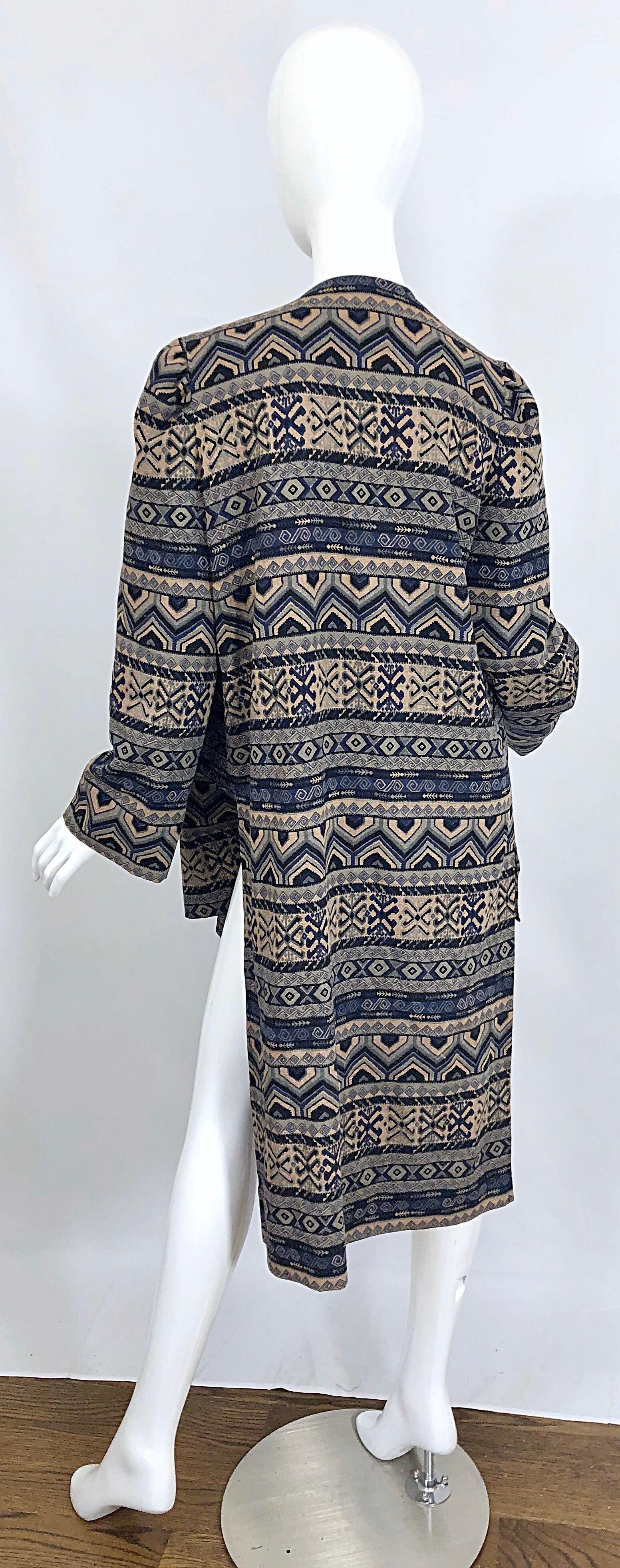 Vintage Lanvin Haute Couture Aztec Navy Blue Indigo Wool Challis Wrap Cardigan 10