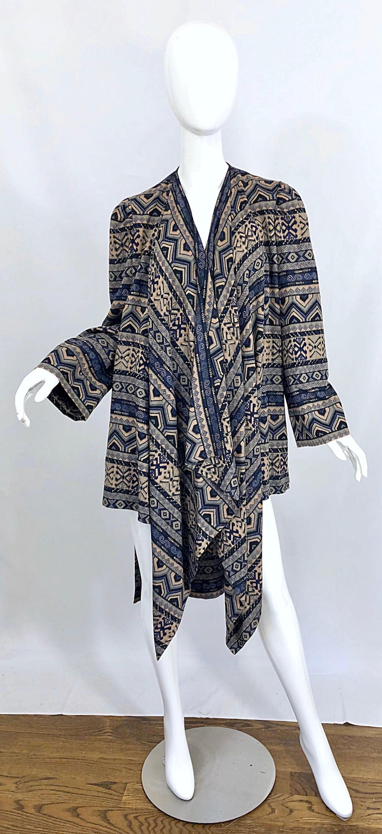 Vintage Lanvin Haute Couture Aztec Navy Blue Indigo Wool Challis Wrap Cardigan For Sale 14