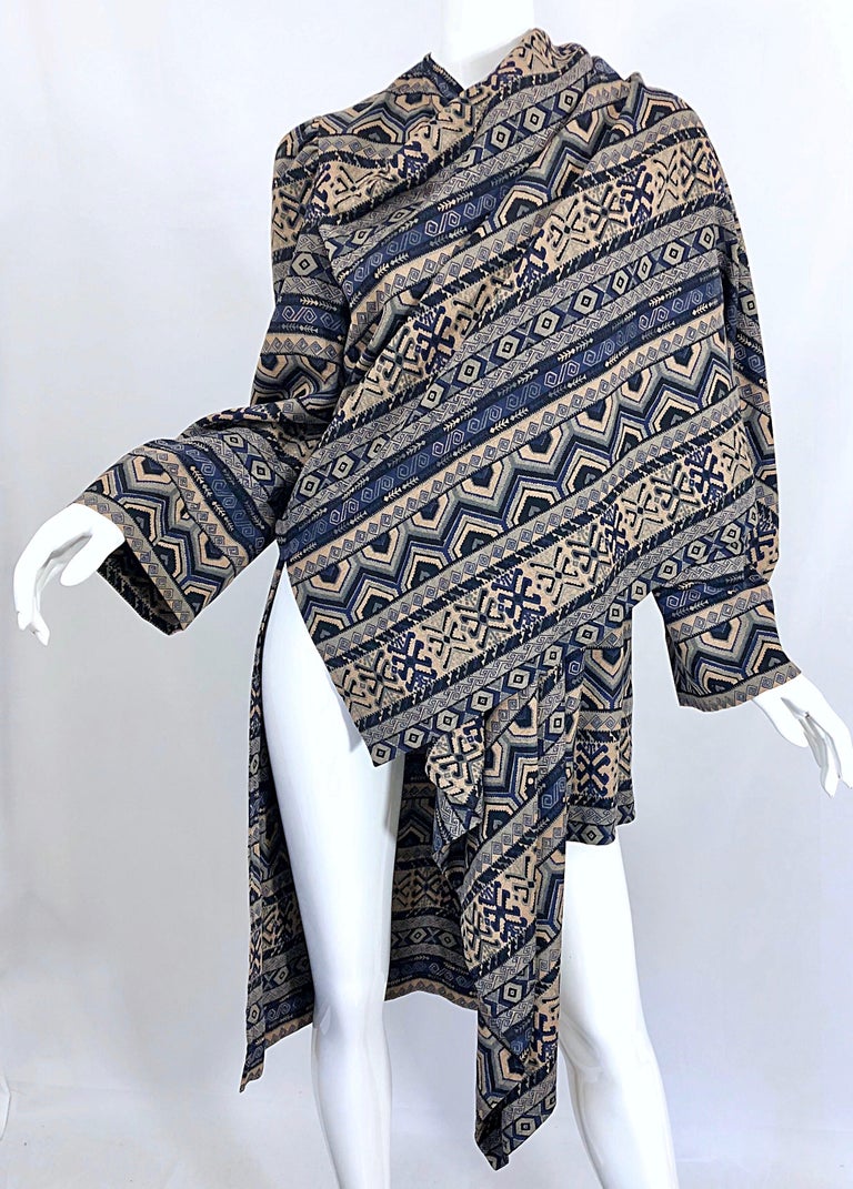 Women's Vintage Lanvin Haute Couture Aztec Navy Blue Indigo Wool Challis Wrap Cardigan For Sale