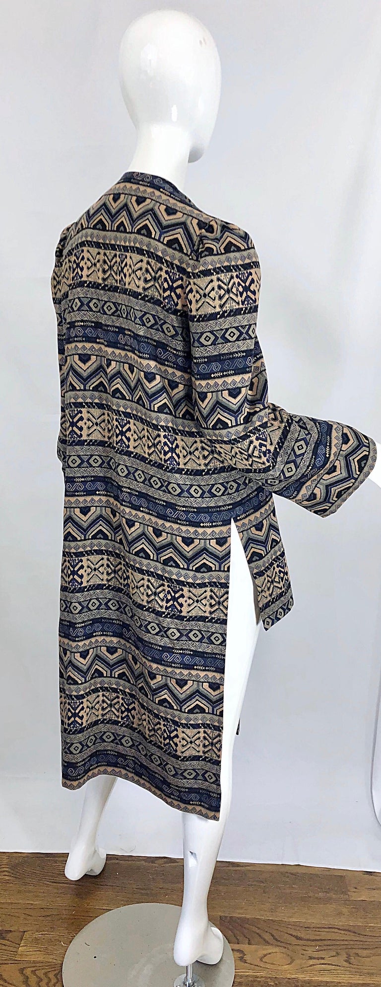 Vintage Lanvin Haute Couture Aztec Navy Blue Indigo Wool Challis Wrap Cardigan For Sale 1