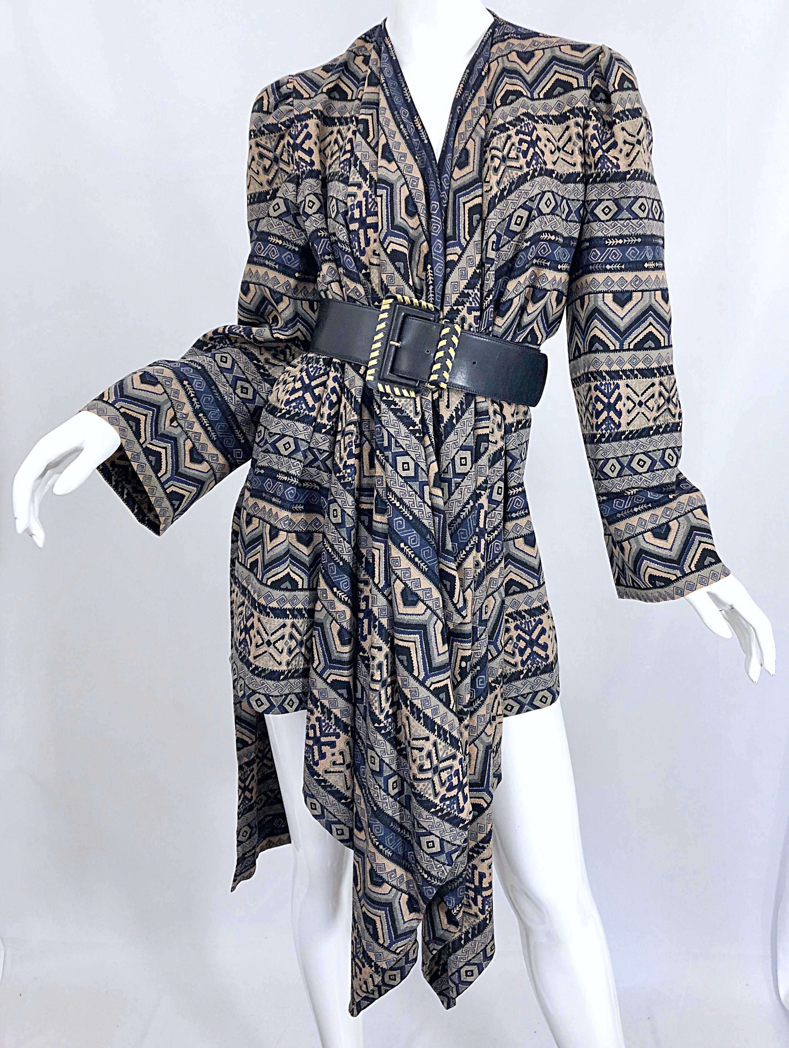 Vintage Lanvin Haute Couture Aztec Navy Blue Indigo Wool Challis Wrap Cardigan In Excellent Condition For Sale In San Diego, CA