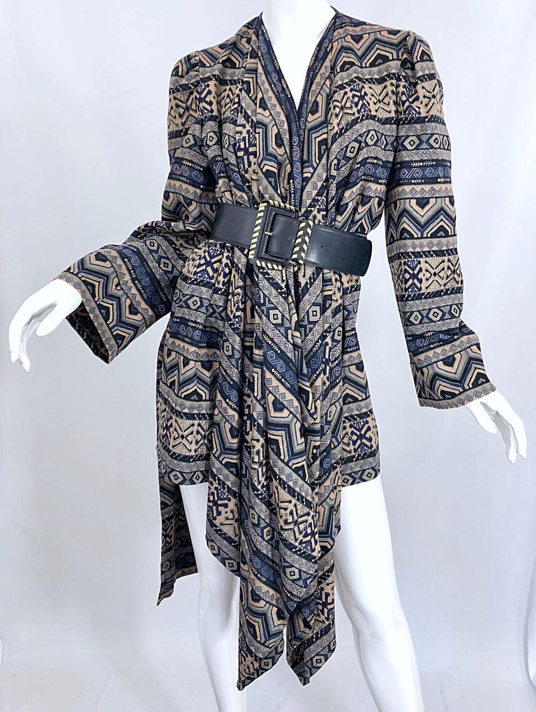 Vintage Lanvin Haute Couture Aztec Navy Blue Indigo Wool Challis Wrap Cardigan For Sale 2