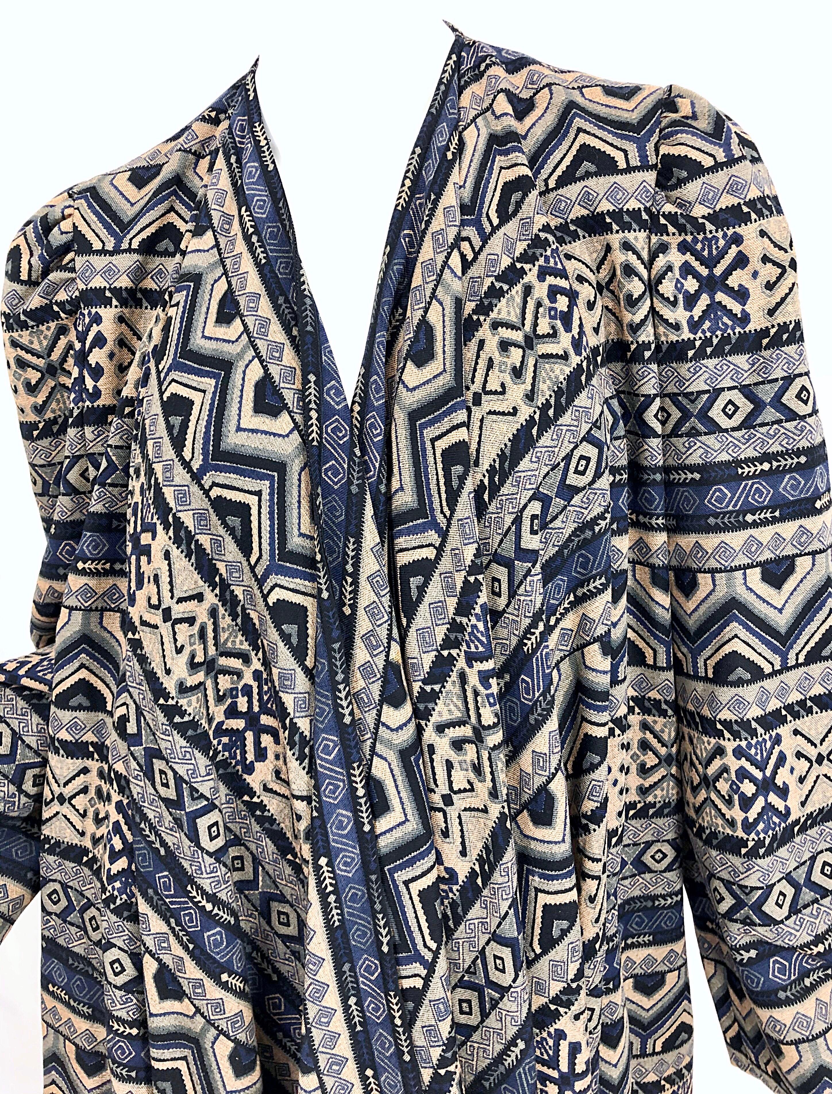 Women's Vintage Lanvin Haute Couture Aztec Navy Blue Indigo Wool Challis Wrap Cardigan