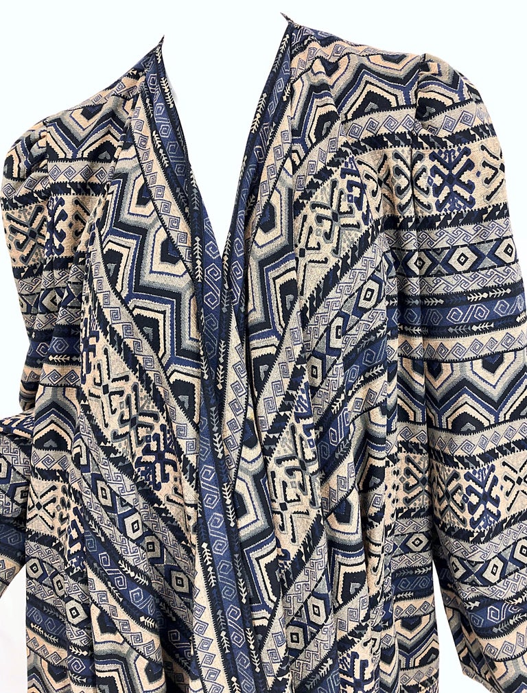 Vintage Lanvin Haute Couture Aztec Navy Blue Indigo Wool Challis Wrap Cardigan For Sale 3
