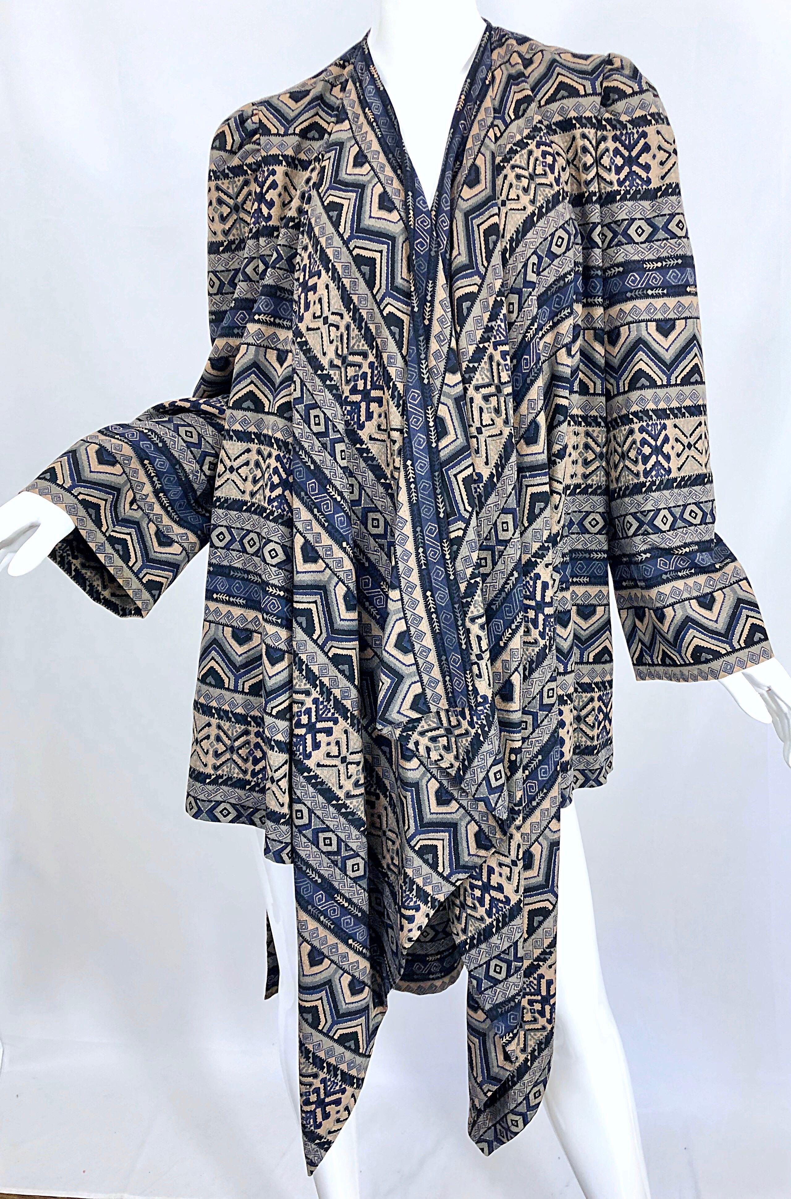 Vintage Lanvin Haute Couture Aztec Navy Blue Indigo Wool Challis Wrap Cardigan For Sale 1