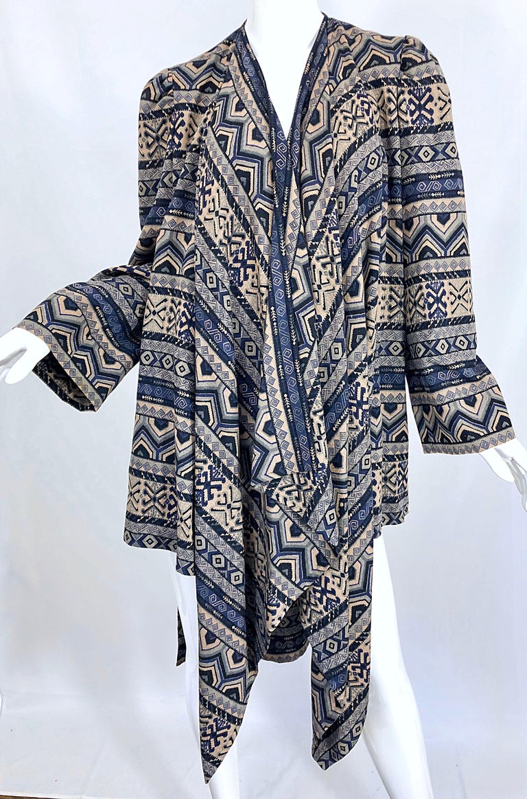 Vintage Lanvin Haute Couture Aztec Navy Blue Indigo Wool Challis Wrap Cardigan For Sale 4