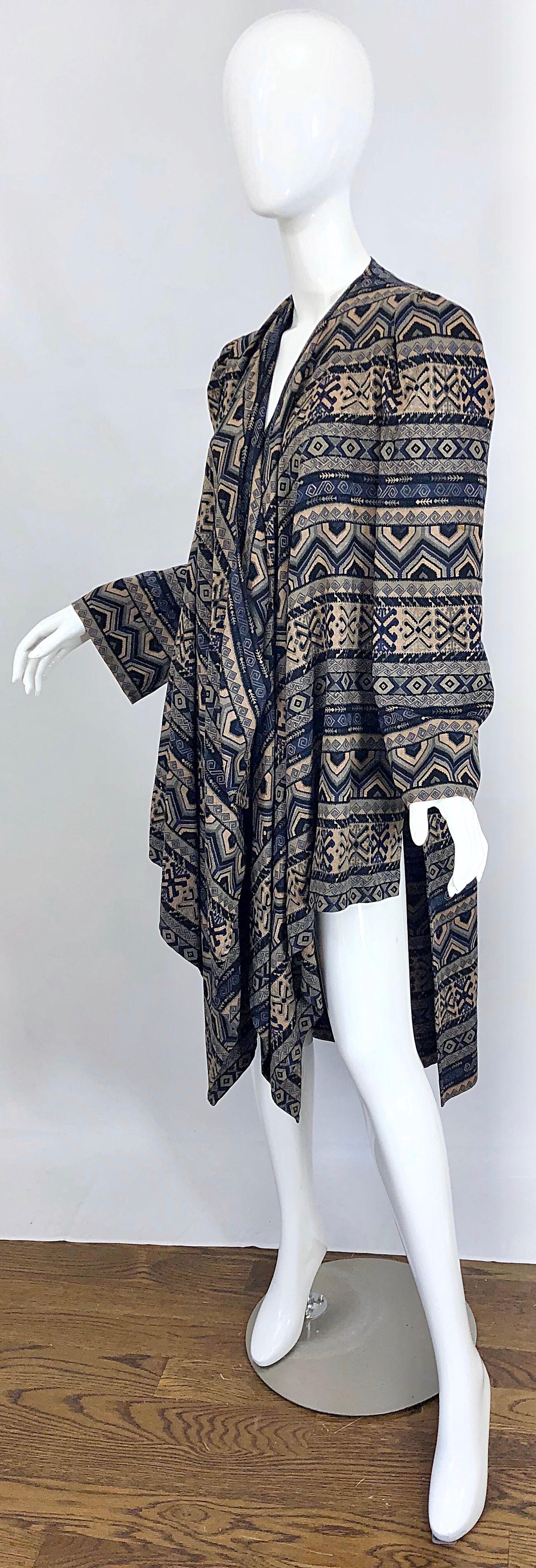 Vintage Lanvin Haute Couture Aztec Navy Blue Indigo Wool Challis Wrap Cardigan For Sale 2