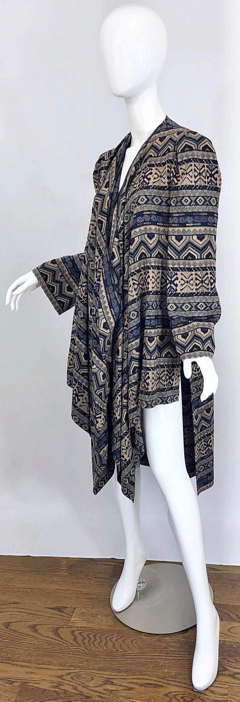 Vintage Lanvin Haute Couture Aztec Navy Blue Indigo Wool Challis Wrap Cardigan For Sale 5
