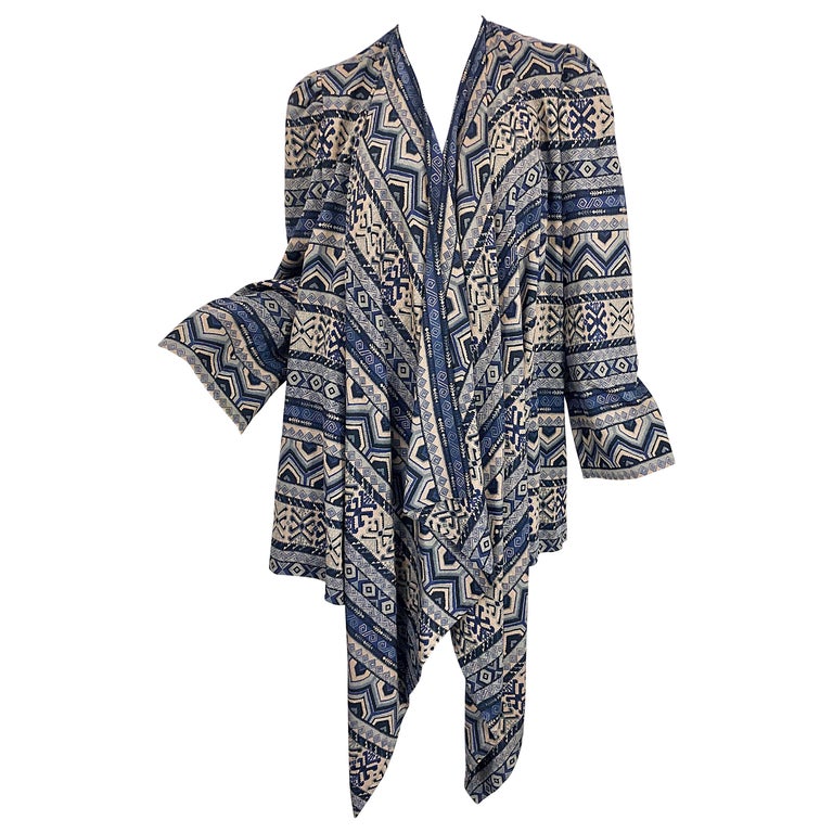 Vintage Lanvin Haute Couture Aztec Navy Blue Indigo Wool Challis Wrap Cardigan For Sale
