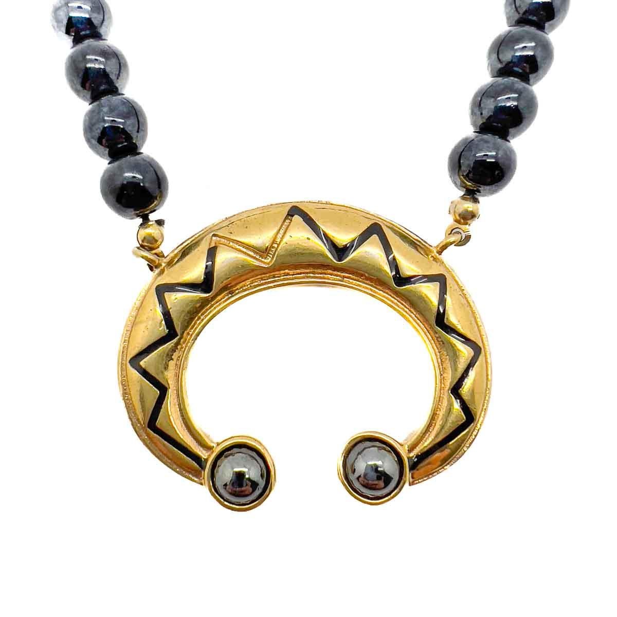 Women's Vintage Lanvin Hematite Crescent Talisman Necklace 1980s For Sale