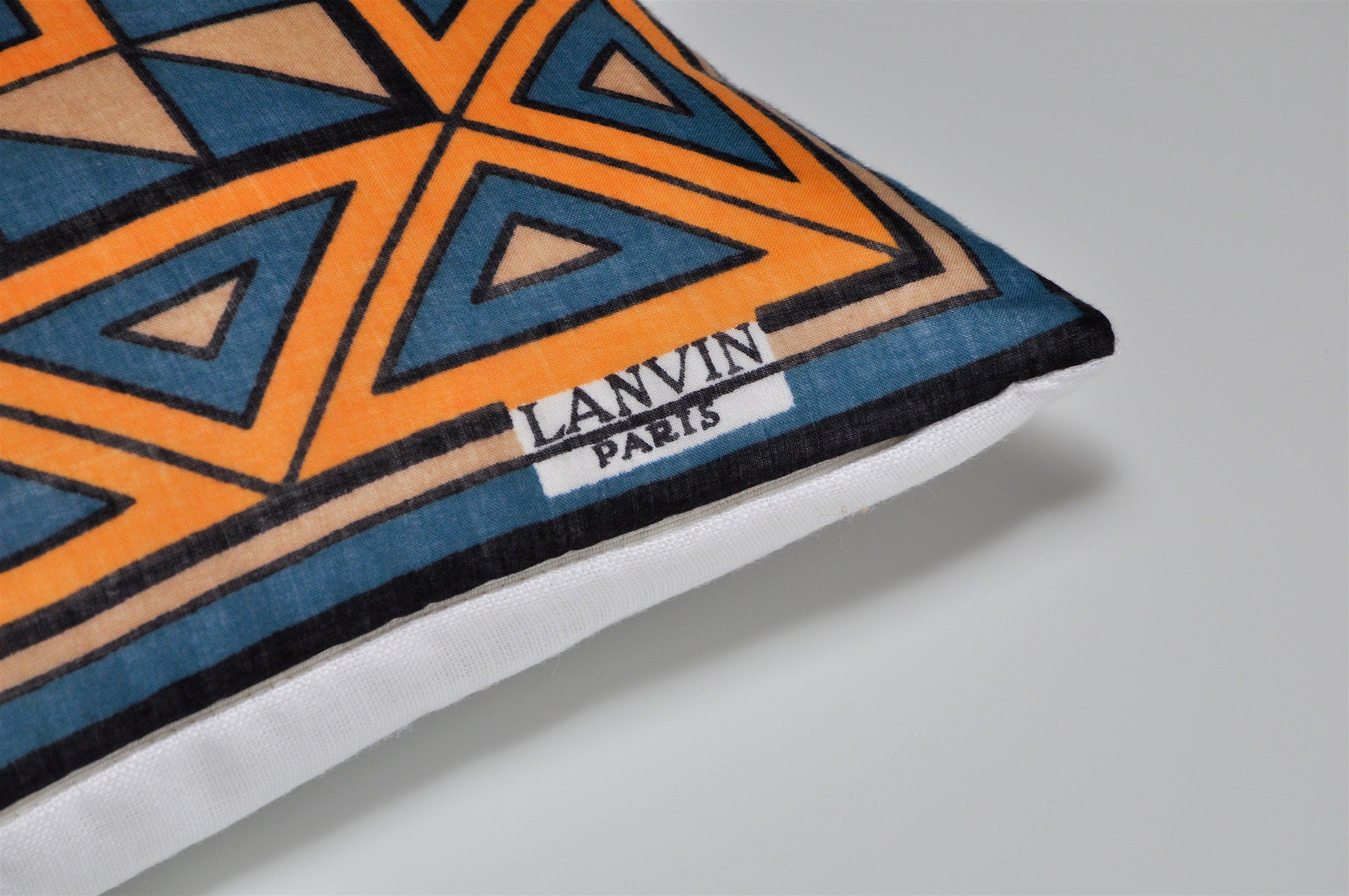 Custom made one-of-a-kind luxury cushion (pillow) created from an exquisite vintage Lanvin fashion scarf in an orange and blue geometric pattern. An extremely unique find from a Parisian antiques market and a very unusual example of a piece by