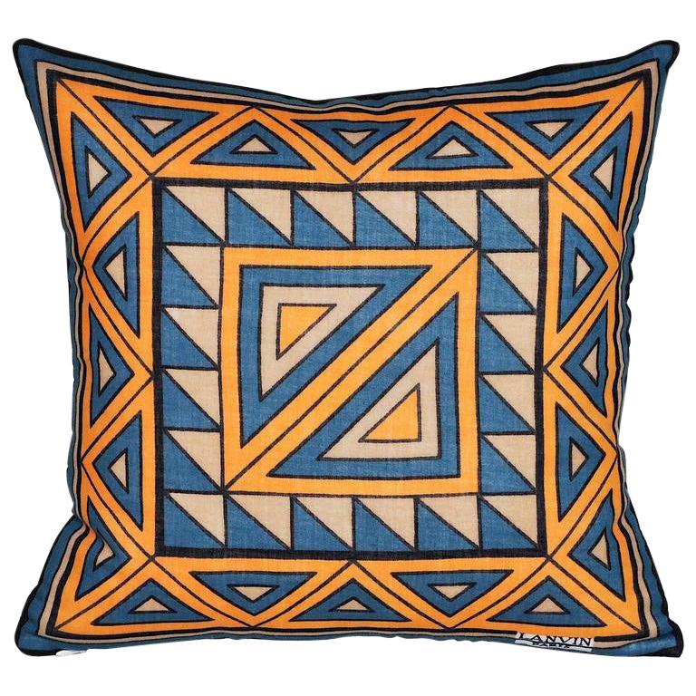 Vintage Lanvin Orange and Blue Geometric Scarf with Irish Linen Cushion Pillow For Sale