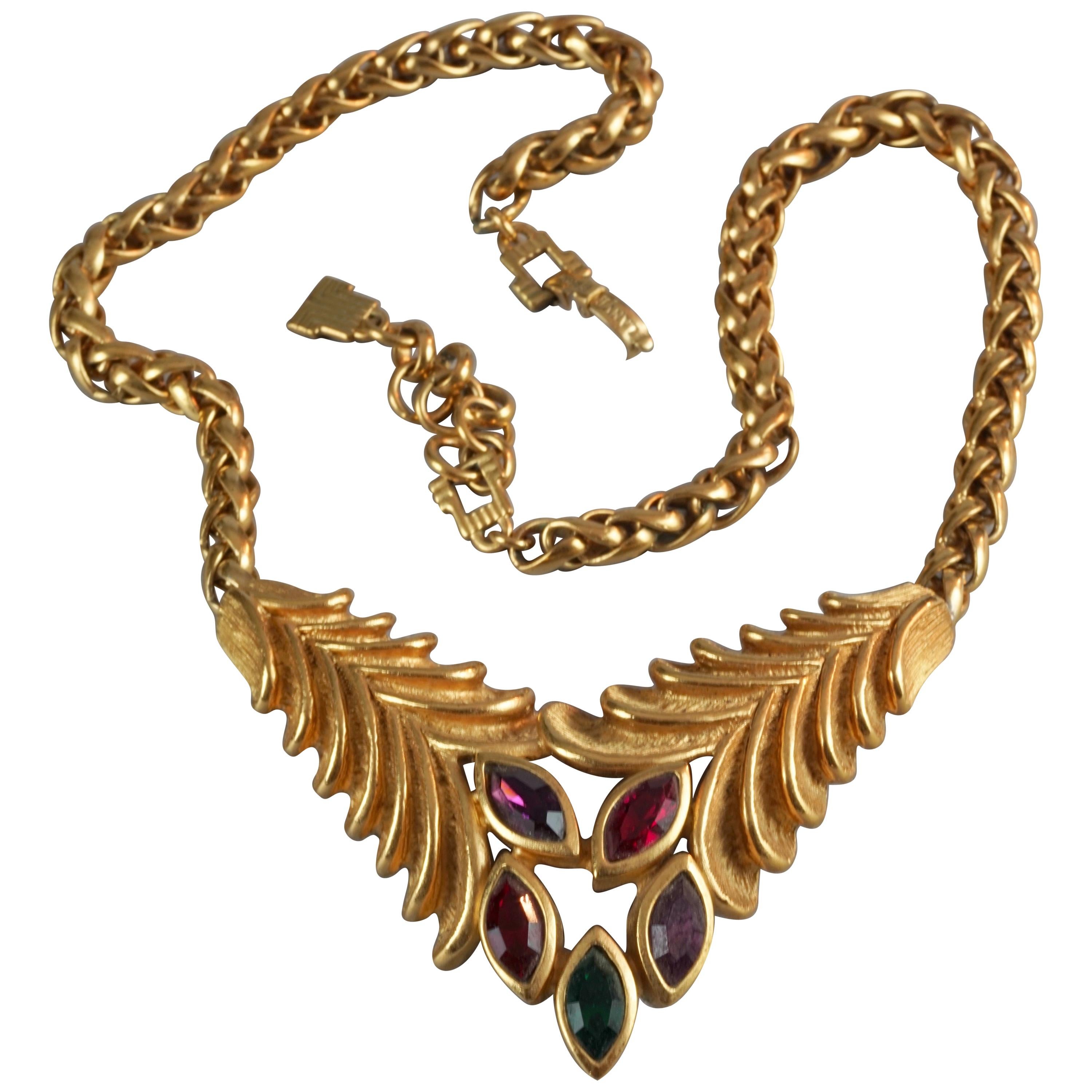 Vintage LANVIN Rhinestone Leaves Necklace