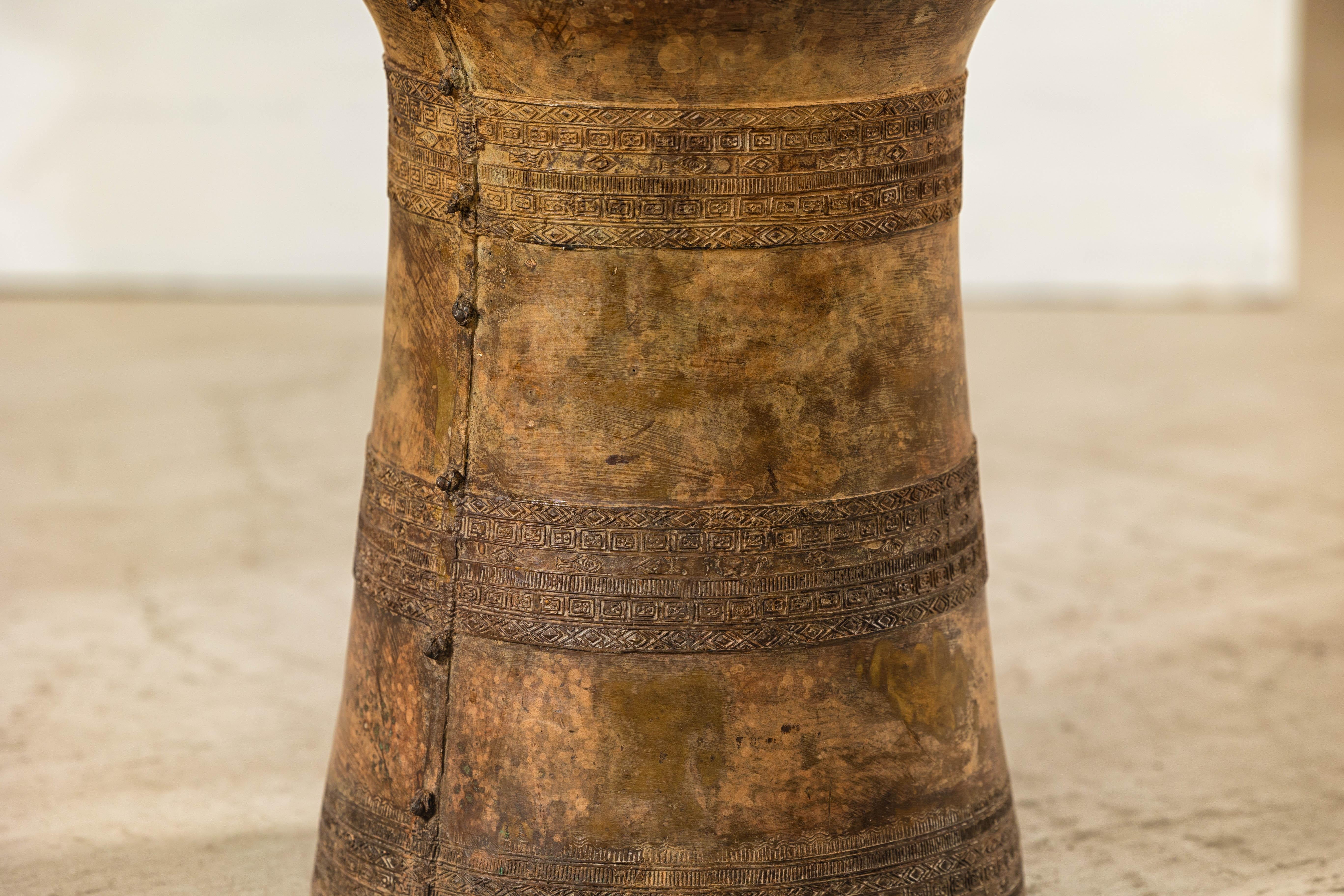 Vintage Laotian Rain Drum-Inspired Small Table with Antique Gold Patina 4